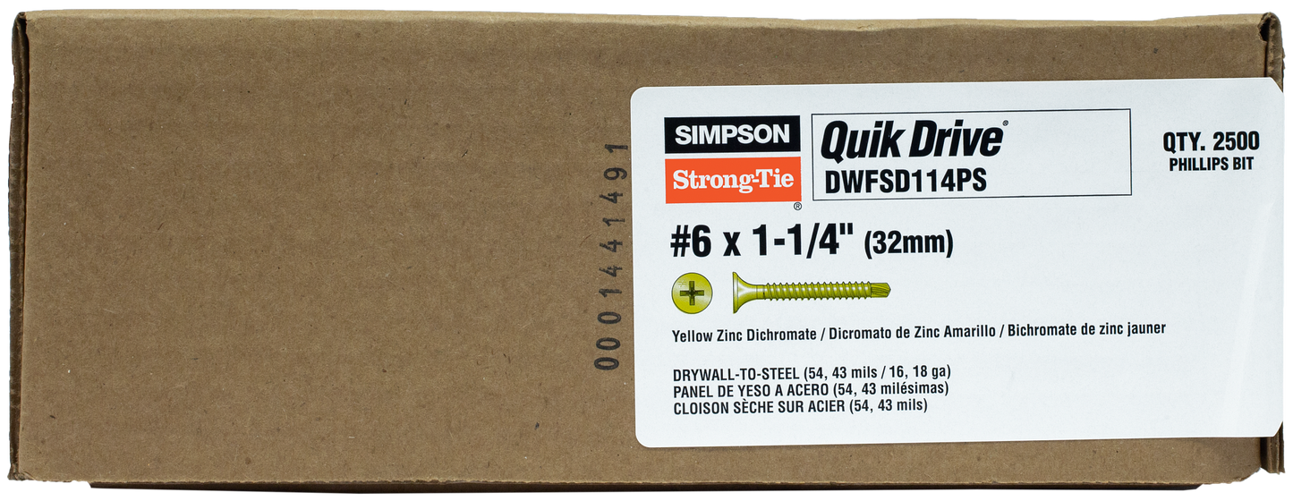 Simpson Strong-Tie DWFSD114PS DWFSD Drywall-to-CFS Screw (Collated) — #6 x 1-1/4 in. #2 Phillips, Yellow Zinc (2500-Qty)