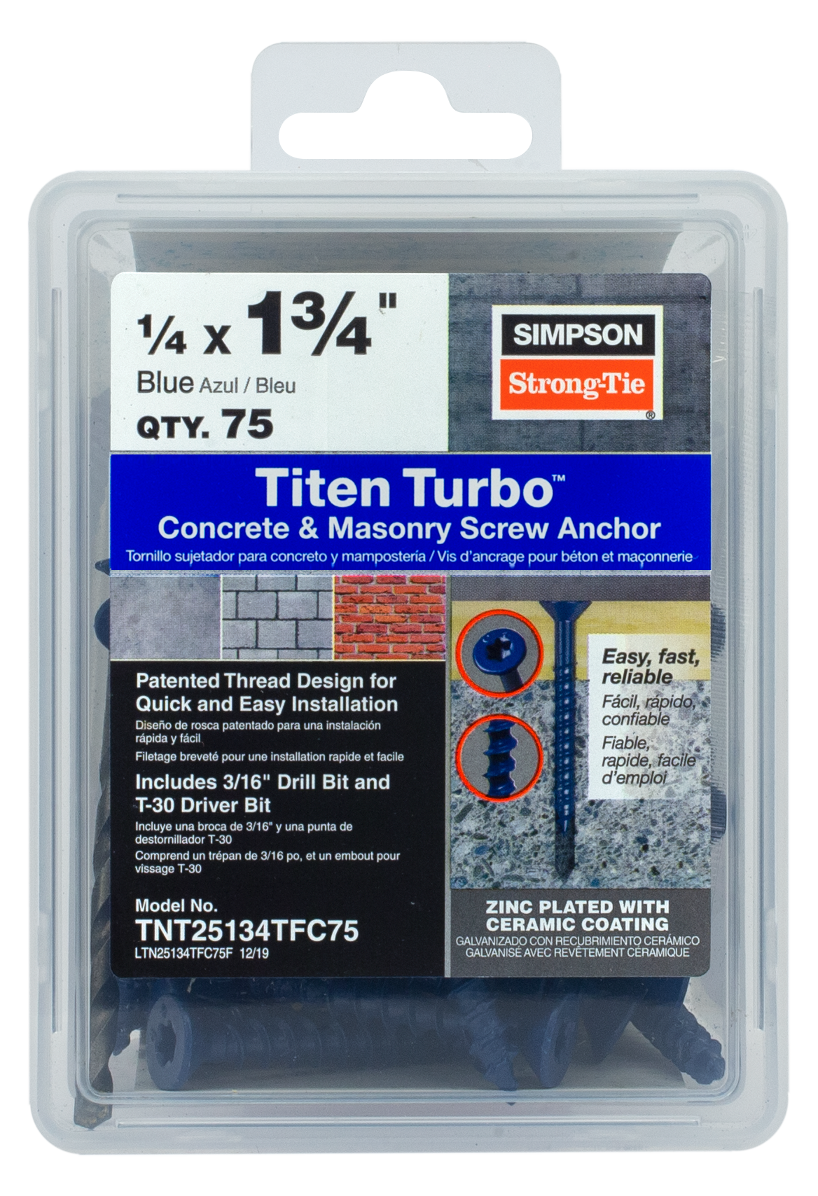 Simpson Strong-Tie TNT25134TFC75 Titen Turbo™ — 1/4 in. x 1-3/4 in. 6-Lobe Flat-Head Concrete and Masonry Screw, Blue (75-Qty) (Pack of 4)