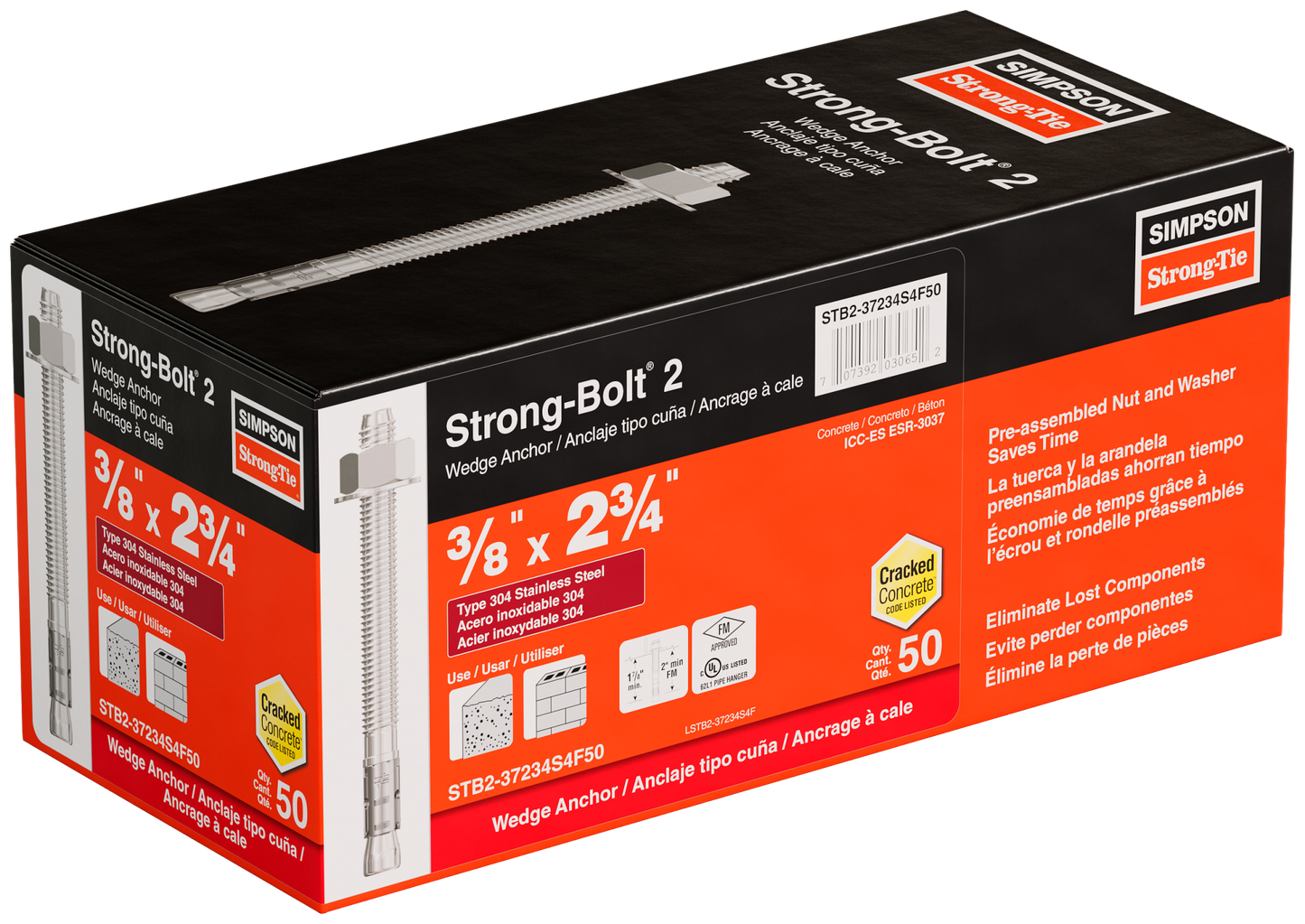 Simpson Strong-Tie STB2-37234S4F50 Strong-Bolt® 2 — 3/8 in. x 2-3/4 in. Type 304 Stainless-Steel Wedge Anchor, Fully Assembled (50-Qty) (Pack of 4)