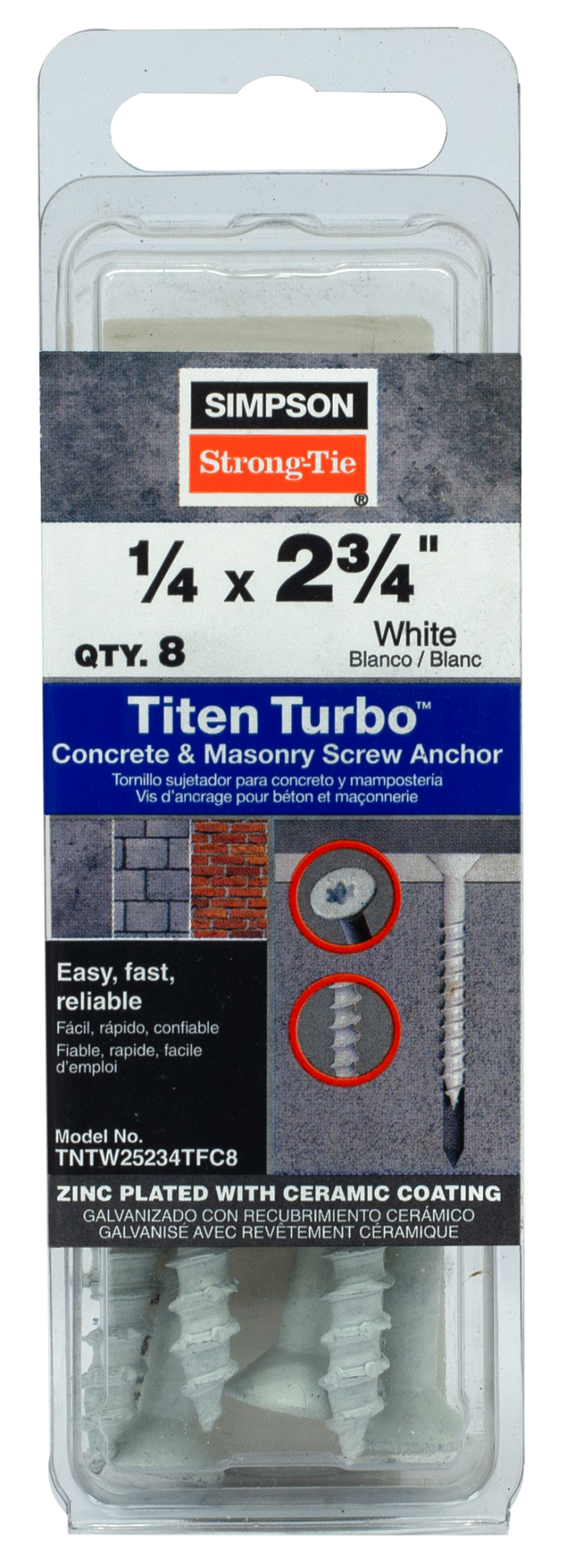Simpson Strong-Tie TNTW25234TFC8 Titen Turbo™ — 1/4 in. x 2-3/4 in. 6-Lobe Flat-Head Concrete and Masonry Screw, White (8-Qty) (Pack of 5520)