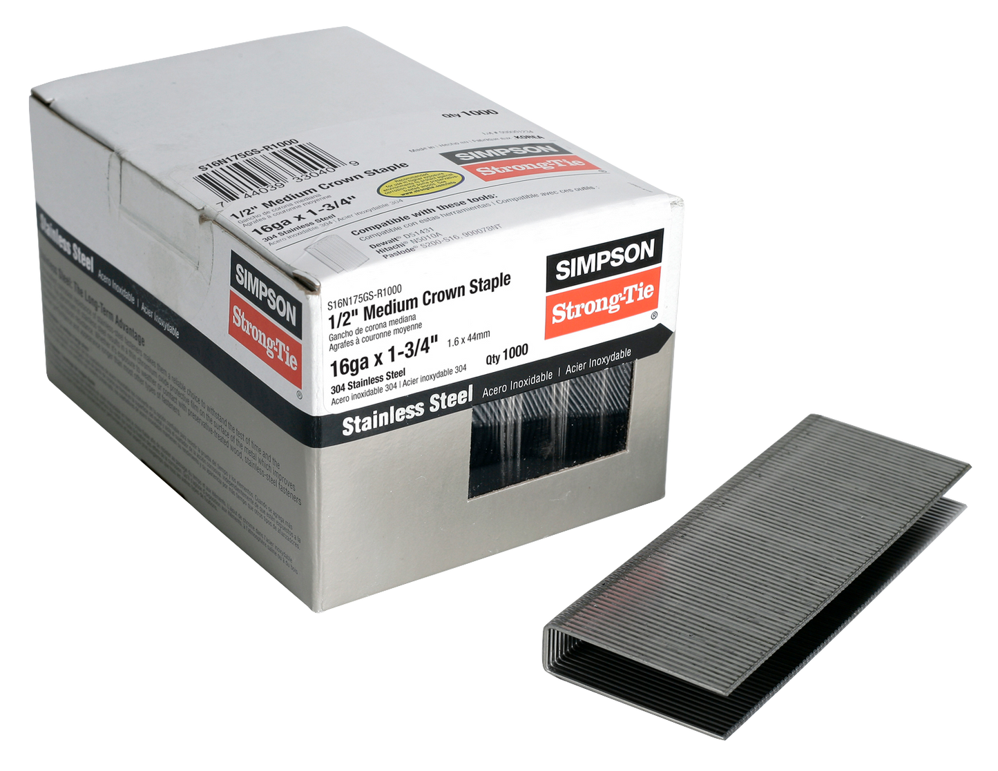 Simpson Strong-Tie S16N175GS-R1000 1/2-in. Crown, 16-Gauge Staples — 1-3/4 in. Type 304 Stainless Steel (1000-Qty) (Pack of 6)
