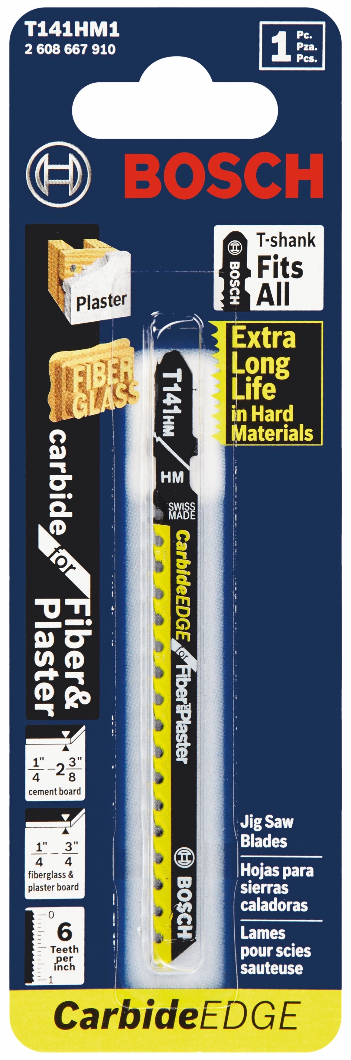 Hoja de sierra caladora BOSCH T141HM1 de 4 pulg. y 6 dientes por pulgada con borde de carburo para fibra de vidrio y yeso con vástago en T