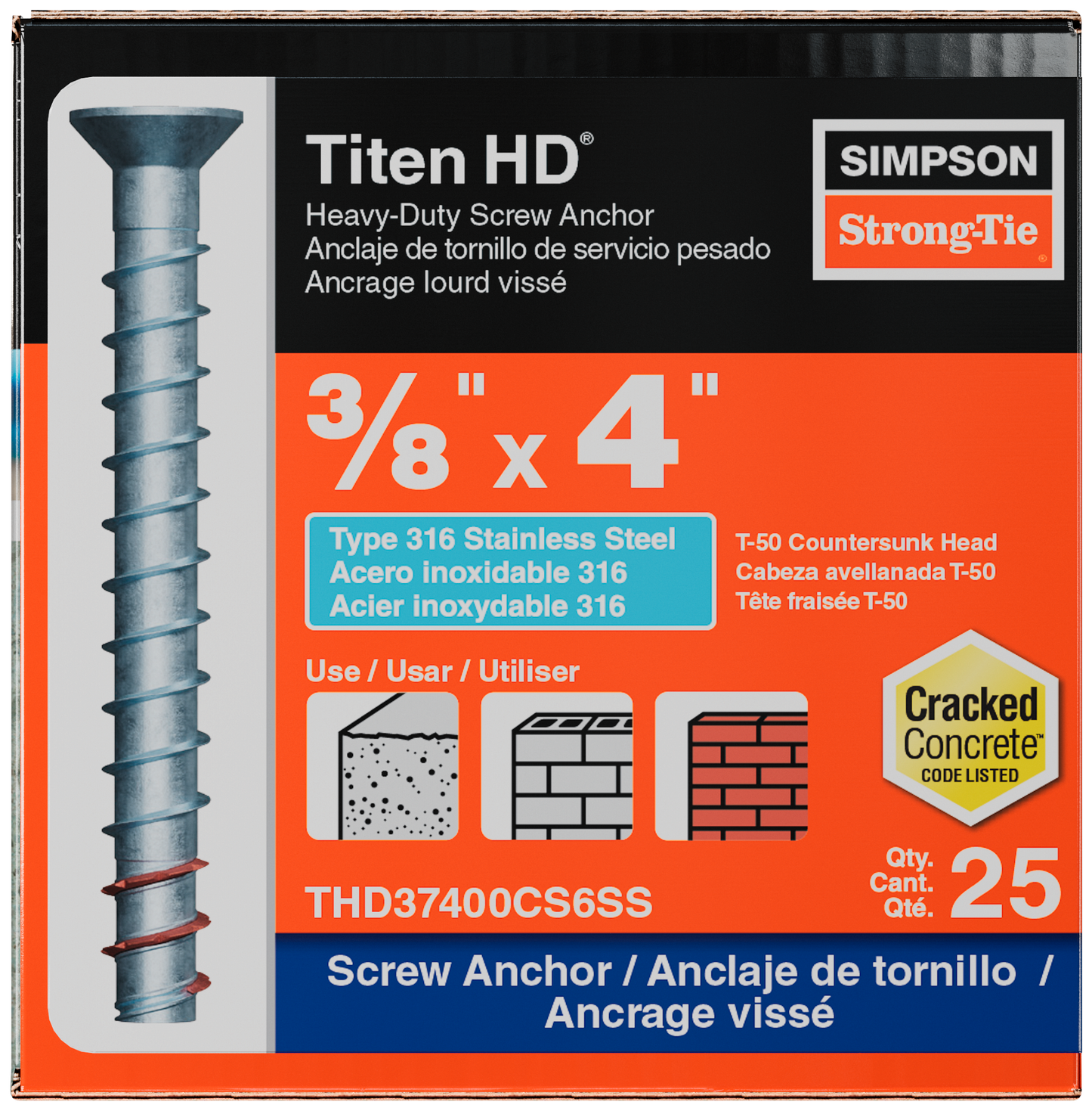 Simpson Strong-Tie THD37400CS6SS Titen HD® 3/8 in. x 4 in. Type 316 SS Countersunk Head Heavy-Duty Screw Anchor (25-Qty) (Pack of 490)