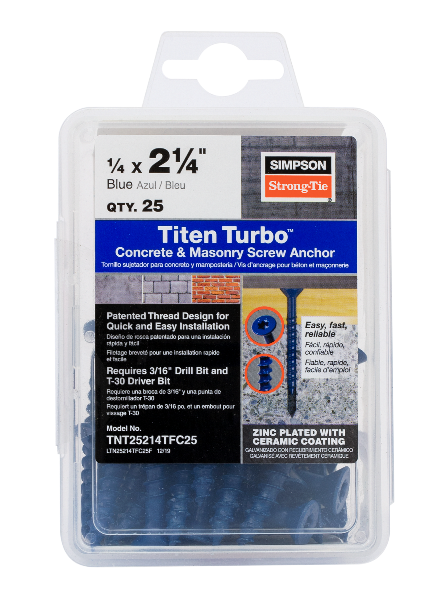 Simpson Strong-Tie TNT25214TFC25 Titen Turbo™ — 1/4 in. x 2-1/4 in. 6-Lobe Flat-Head Concrete and Masonry Screw, Blue (25-Qty) (Pack of 5)