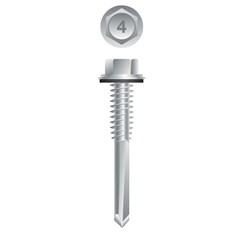 4HA53 - Strong-Point 410 Stainless Steel Unslotted Indented Hex Washer Head, Passivated & Waxed with 9/16 O.D. Bonded Washer, 12-24 x 2, #5 Point, Box of 1,500