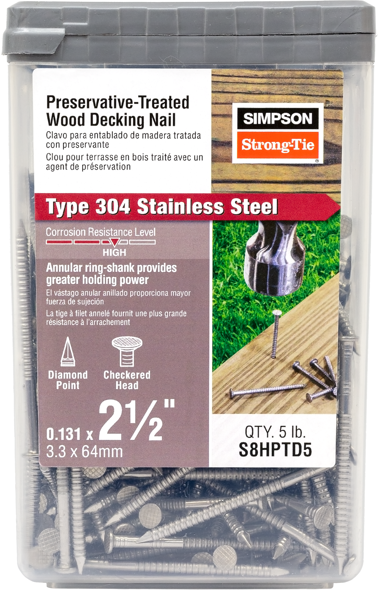 Simpson Strong-Tie S8HPTD5 Preservative-Treated Wood Decking Nail, Ring Shank — 2-1/2 in. x .131 in. Type 304 (5 lb.)