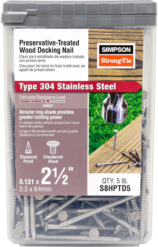 Simpson Strong-Tie S8HPTD5 Preservative-Treated Wood Decking Nail, Ring Shank — 2-1/2 in. x .131 in. Type 304 (5 lb.) (Pack of 6)