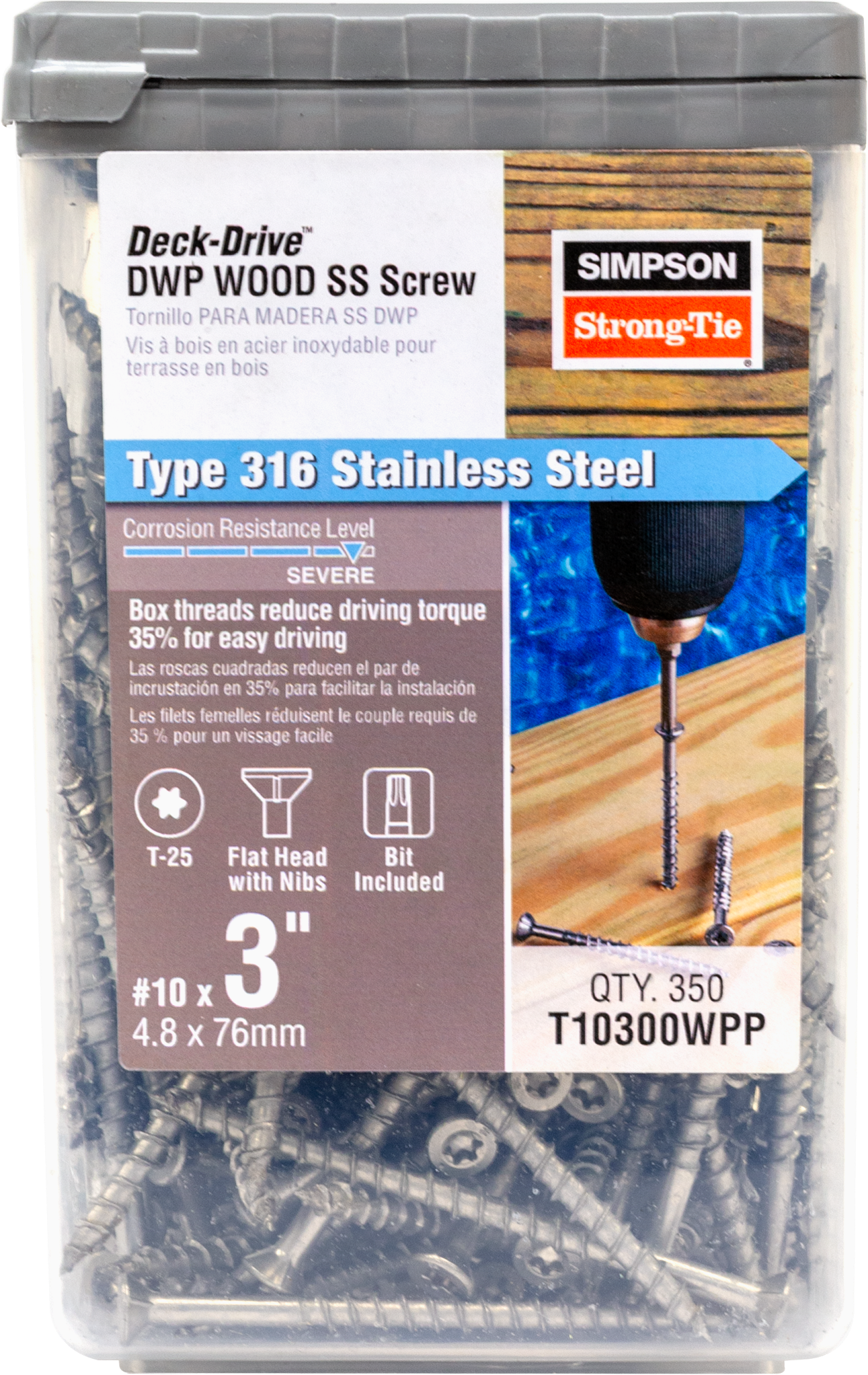Simpson Strong-Tie T10300WPP Deck-Drive™ DWP WOOD SS Screw — #10 x 3 in. T25, Flat Head, Type 316 (350-Qty) (Pack of 6)