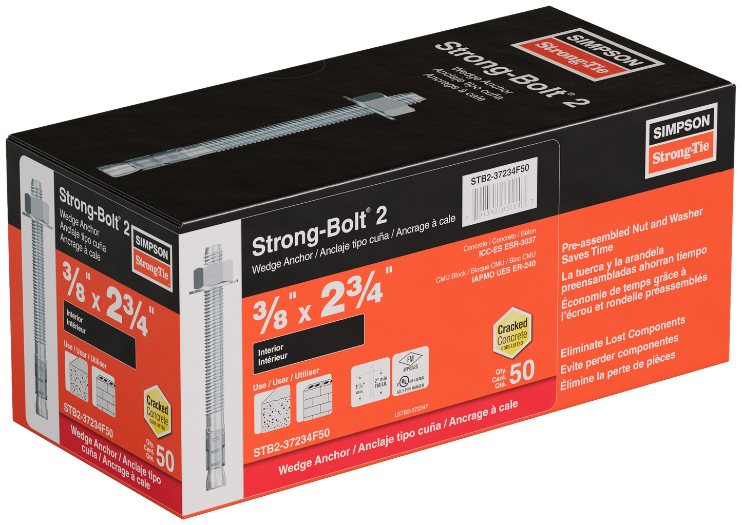 Simpson Strong-Tie STB2-37234F50 Strong-Bolt® 2 — 3/8 in. x 2-3/4 in. Wedge Anchor, Fully Assembled (50-Qty)