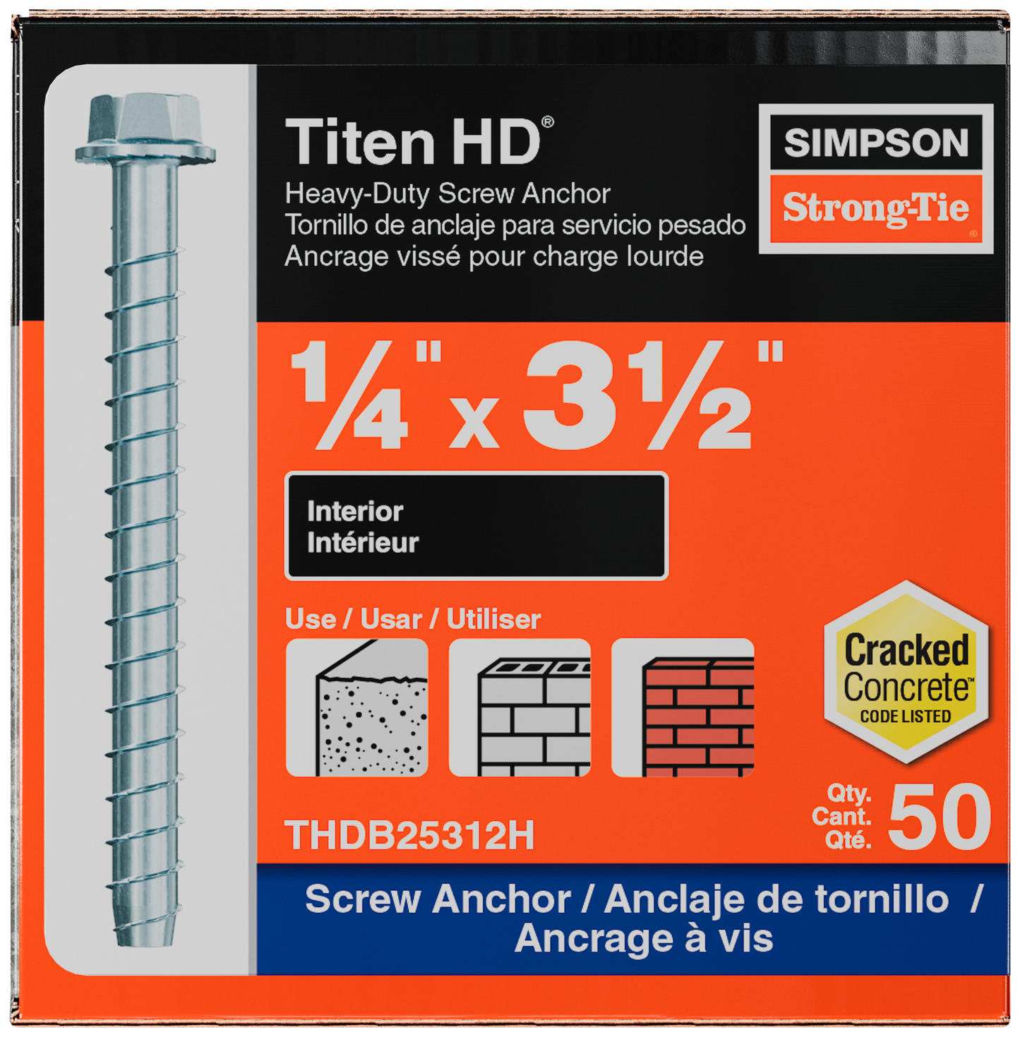 Simpson Strong-Tie THDB25312HMG Titen HD® 1/4 in. x 3-1/2 in. Mechanically Galvanized Heavy-Duty Screw Anchor (50-Qty)