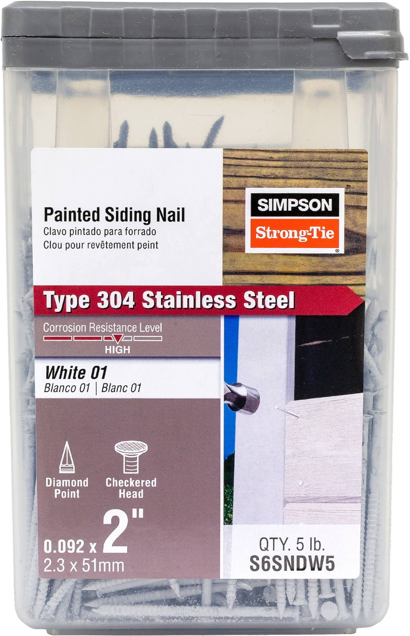 Simpson Strong-Tie S6SNDW5 Painted Siding Nail — 2 in. x .092 in. Type 304 Stainless Steel, White (5 lb.) (Pack of 300)