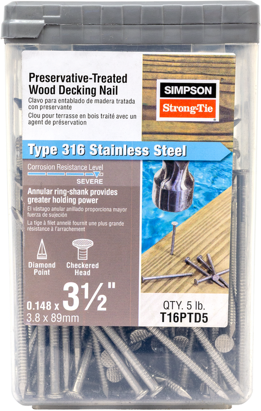 Simpson Strong-Tie T16PTD5 Preservative-Treated Wood Decking Nail, Ring Shank — 3-1/2 in. x .148 in. Type 316 (5 lb.) (Pack of 6)