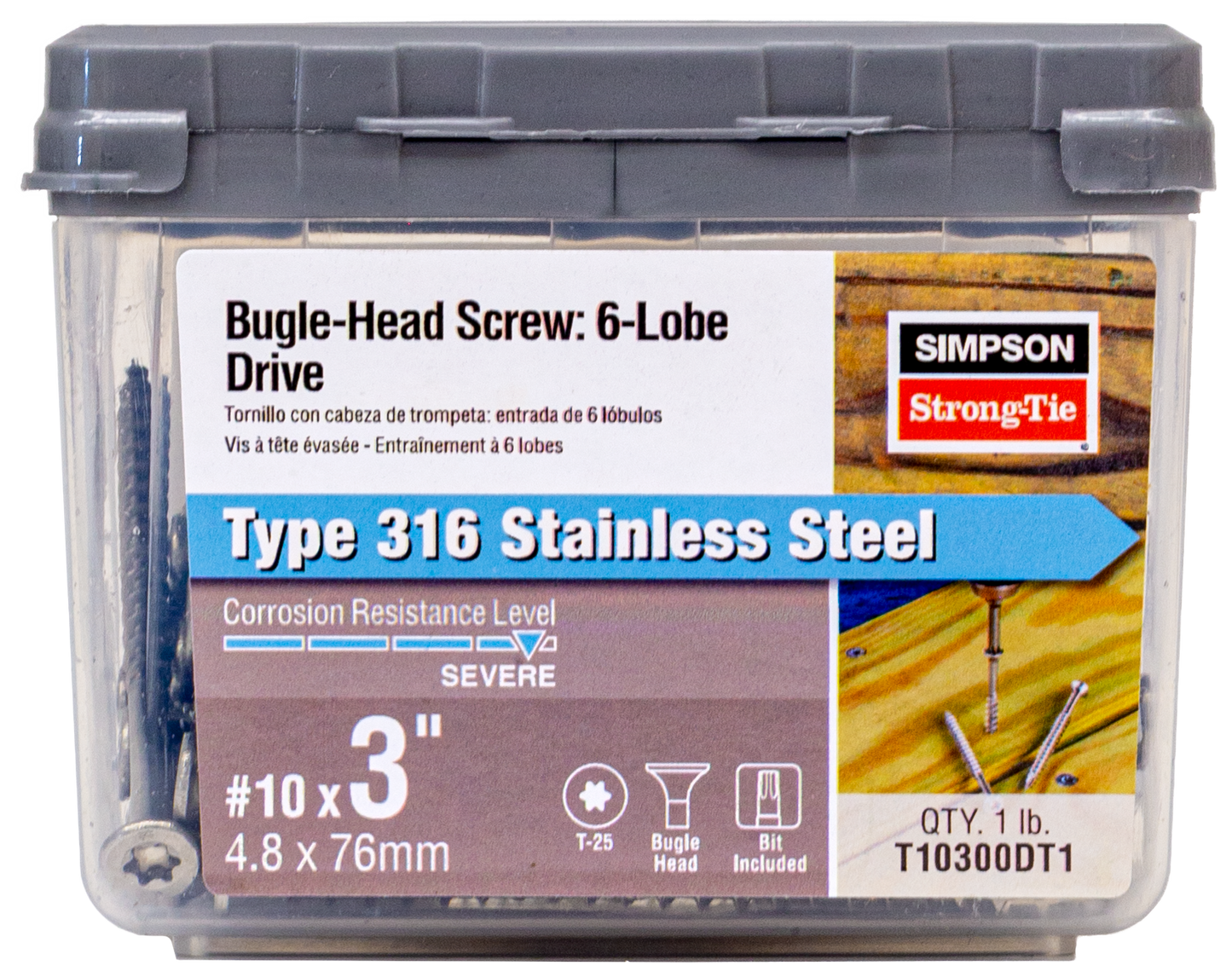 Simpson Strong-Tie T10300DT1 Bugle-Head Wood Screw, 6-Lobe Drive — #10 x 3-in. T25, Type 316 (1 lb.)