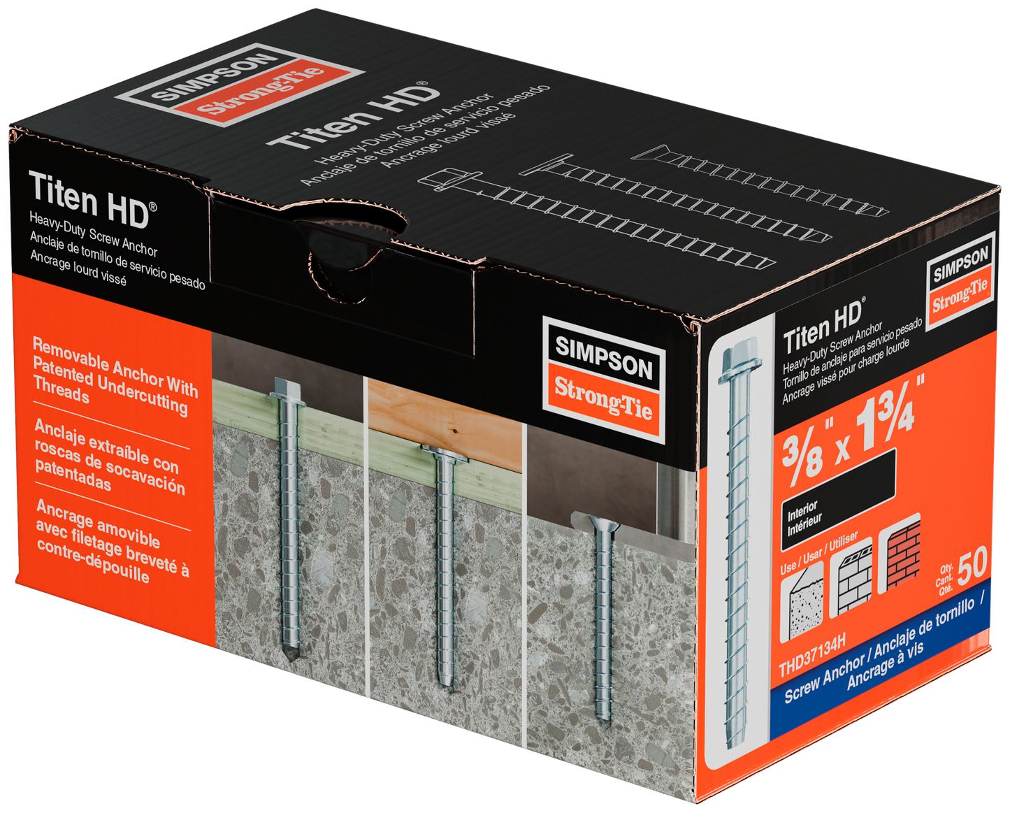 Simpson Strong-Tie THD37134H Titen HD® 3/8 in. x 1-3/4 in. Heavy-Duty Screw Anchor (50-Qty) (Pack of 490)