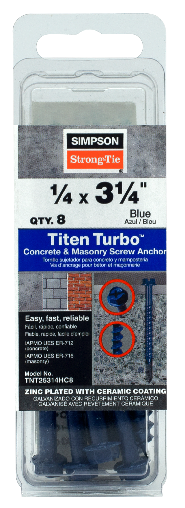 Simpson Strong-Tie TNT25314HC8 Titen Turbo™ — 1/4 in. x 3-1/4 in. Hex-Head Concrete and Masonry Screw, Blue (8-Qty) (Pack of 5)