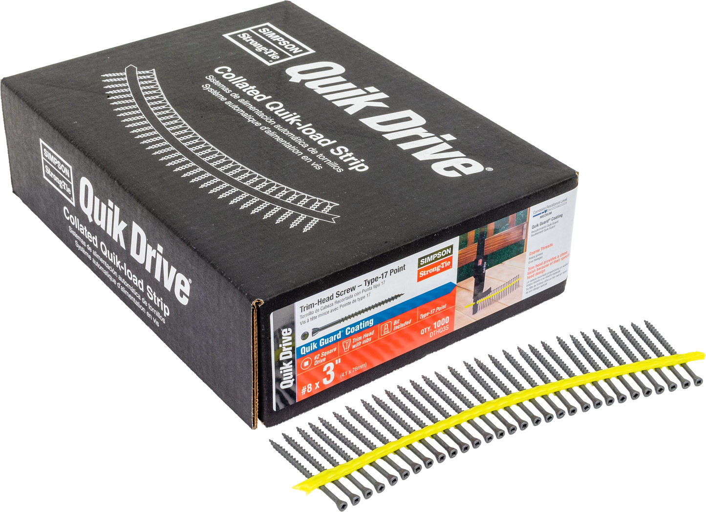 Simpson Strong-Tie DTHQ3S Trim-Head Screw, Type-17 Point — #8 x 3 in. #2U Square Drive, Quik Guard® (1000-Qty) (Pack of 100)