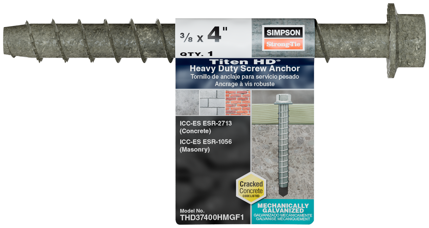 Simpson Strong-Tie THD37400HMGF1 Titen HD® 3/8 in. x 4 in. Mechanically Galvanized Heavy-Duty Screw Anchor (Pack of 14880)