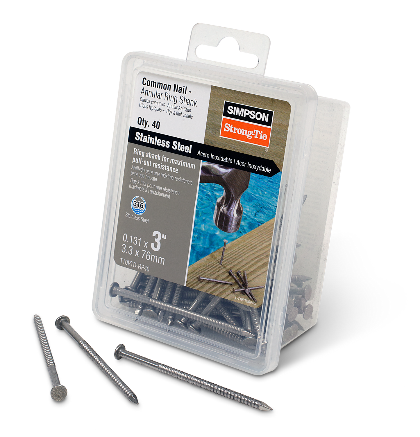 Simpson Strong-Tie T10PTD-RP40 Preservative-Treated Wood Decking Nail, Ring Shank — 3 in. x .131 in. Type 316 (40-Qty) (Pack of 600)
