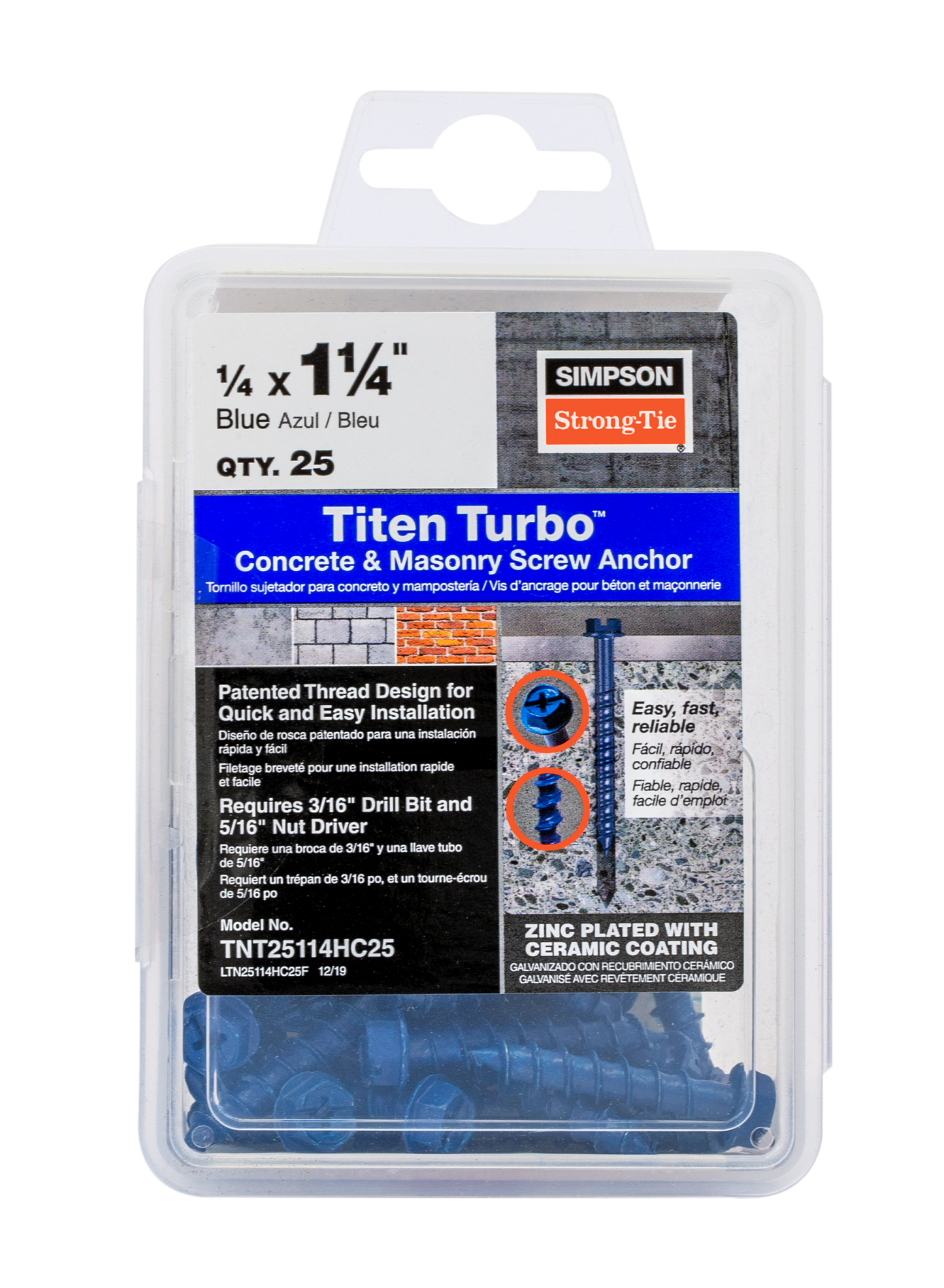 Simpson Strong-Tie TNT25114H Titen Turbo™ — 1/4 in. x 1-1/4 in. Hex-Head Concrete and Masonry Screw, Blue (100-Qty) (Pack of 1296)