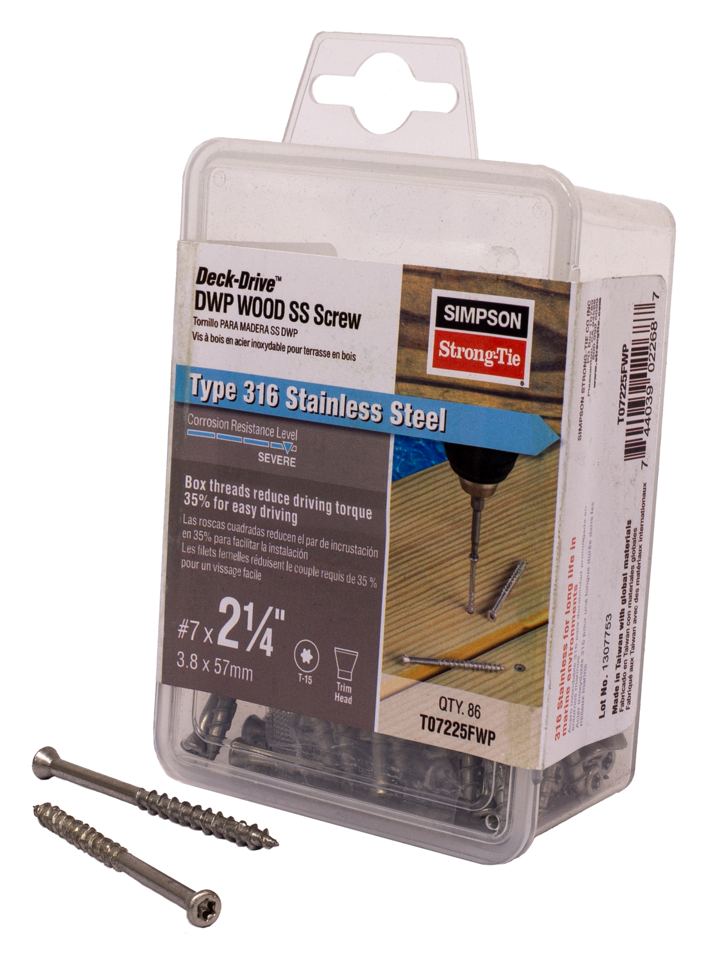 Simpson Strong-Tie T07225FWP Deck-Drive™ DWP WOOD SS Screw — #7 x 2-1/4 in. T-15, Trim Head, Type 316 (86-Qty) (Pack of 600)