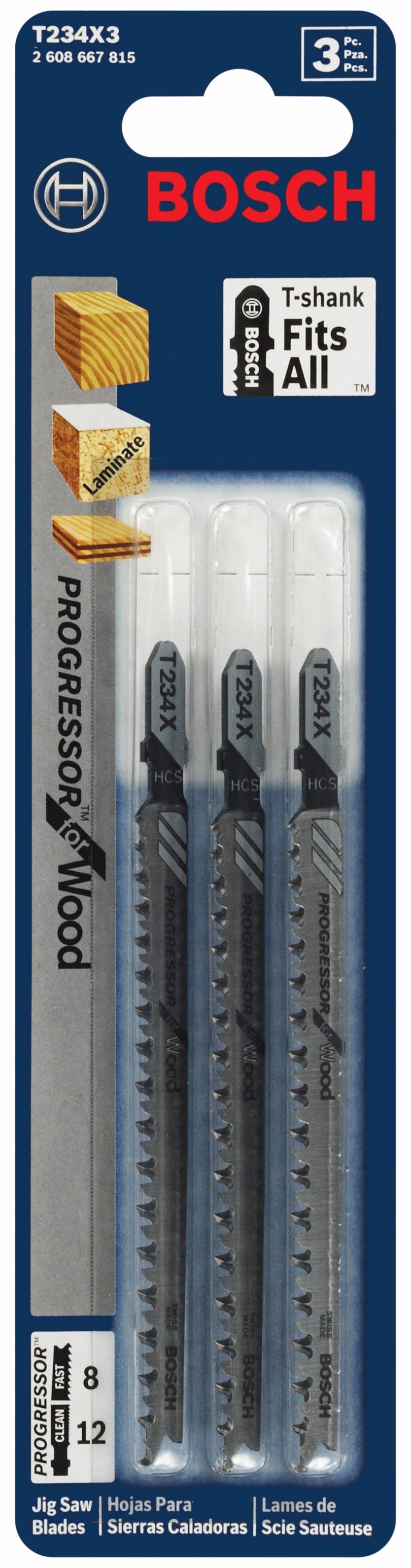 Hojas de sierra caladora BOSCH T123X3 de 3 piezas, 4 pulg., 10-24 dientes por pulgada, Progressor para metal, vástago en T