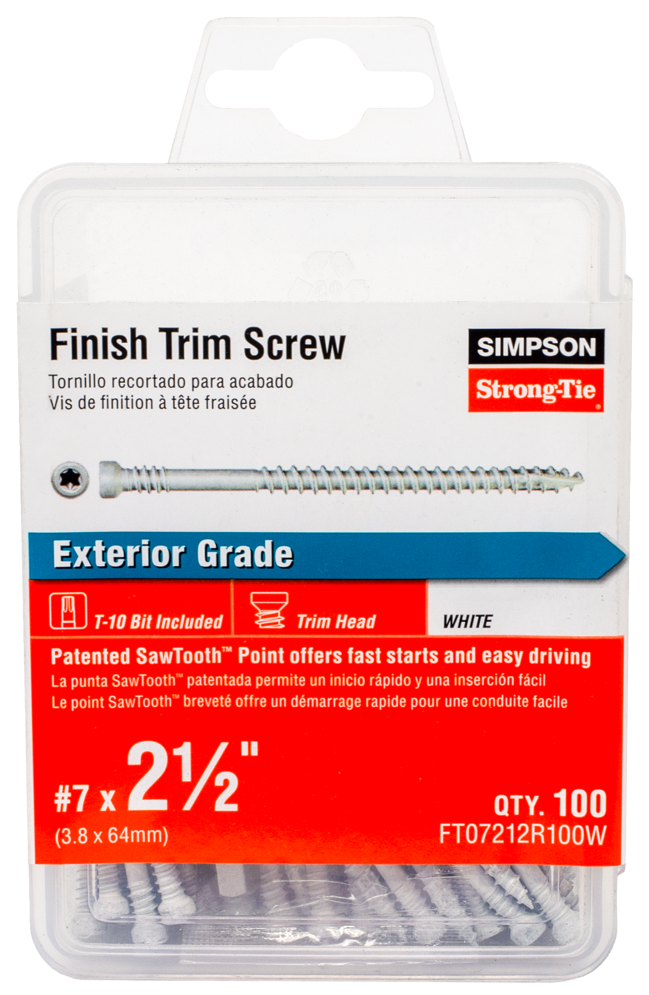 Simpson Strong-Tie FT07212R100W Finish Trim Screw — #7 x 2-1/2 in. T10, Trim-Head, Quik Guard®, White (100-Qty) (Pack of 5)