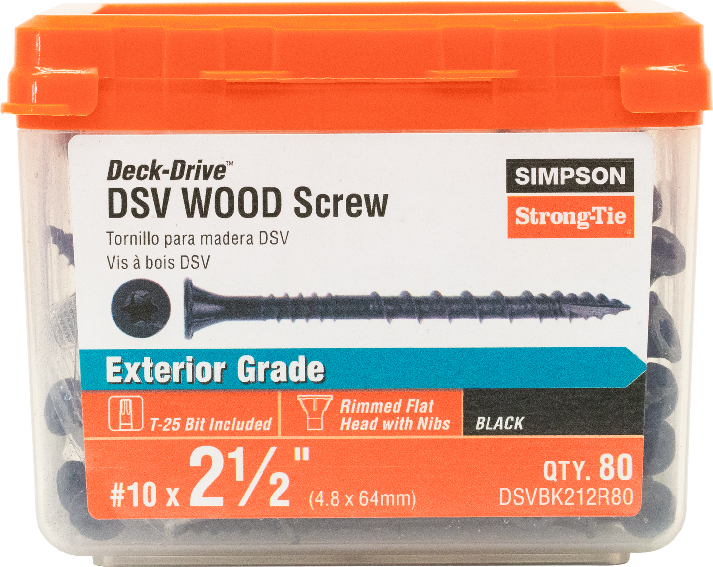 Simpson Strong-Tie DSVBK212R80 Deck-Drive™ DSV WOOD Screw — #10 x 2-1/2 in. T25, Flat Head, Quik Guard®, Black (80-Qty) (Pack of 10)