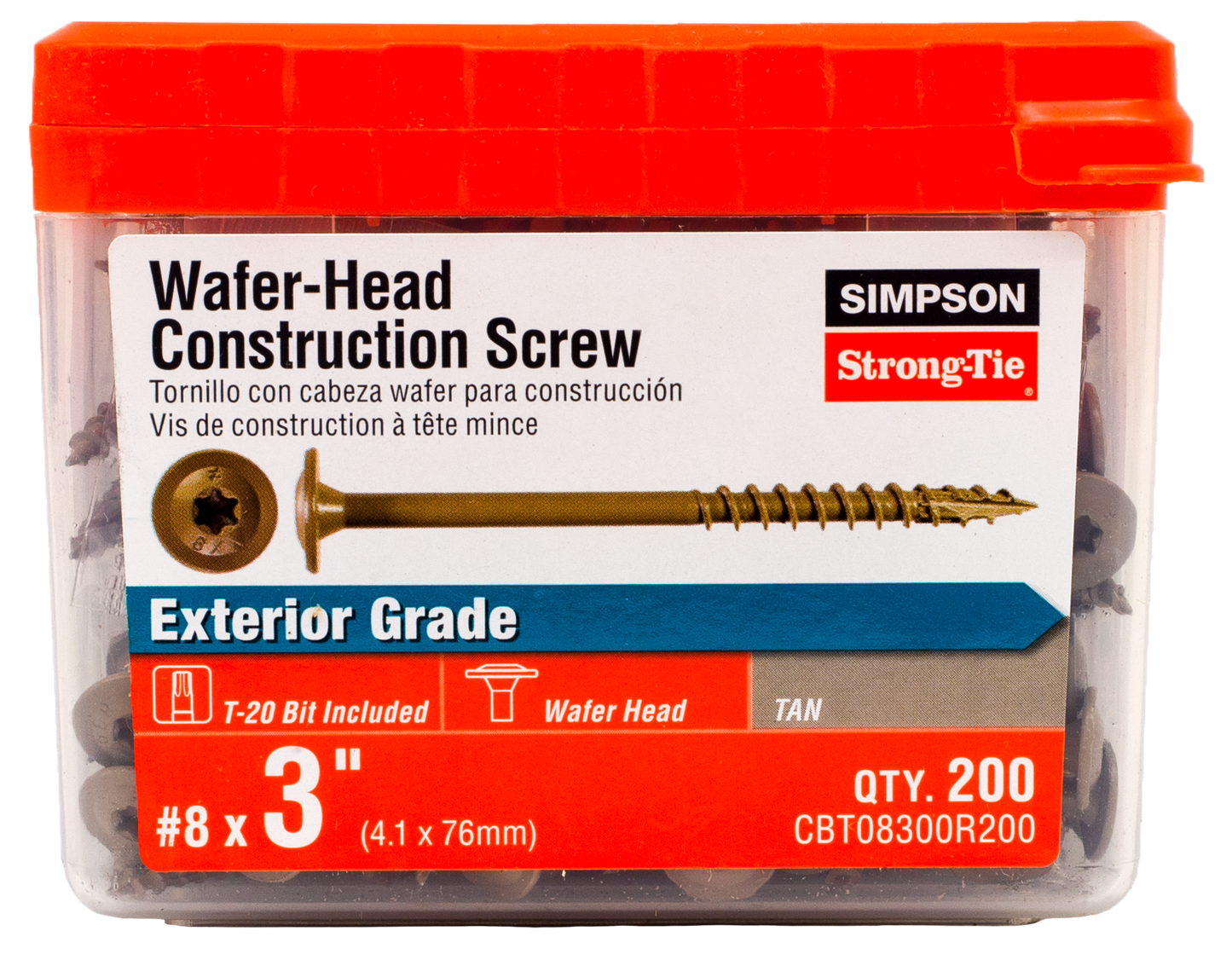 Simpson Strong-Tie CBT08300R200 Wafer-Head Construction Screw — #8 x 3 in. T20, Quik Guard®, Tan (200-Qty)