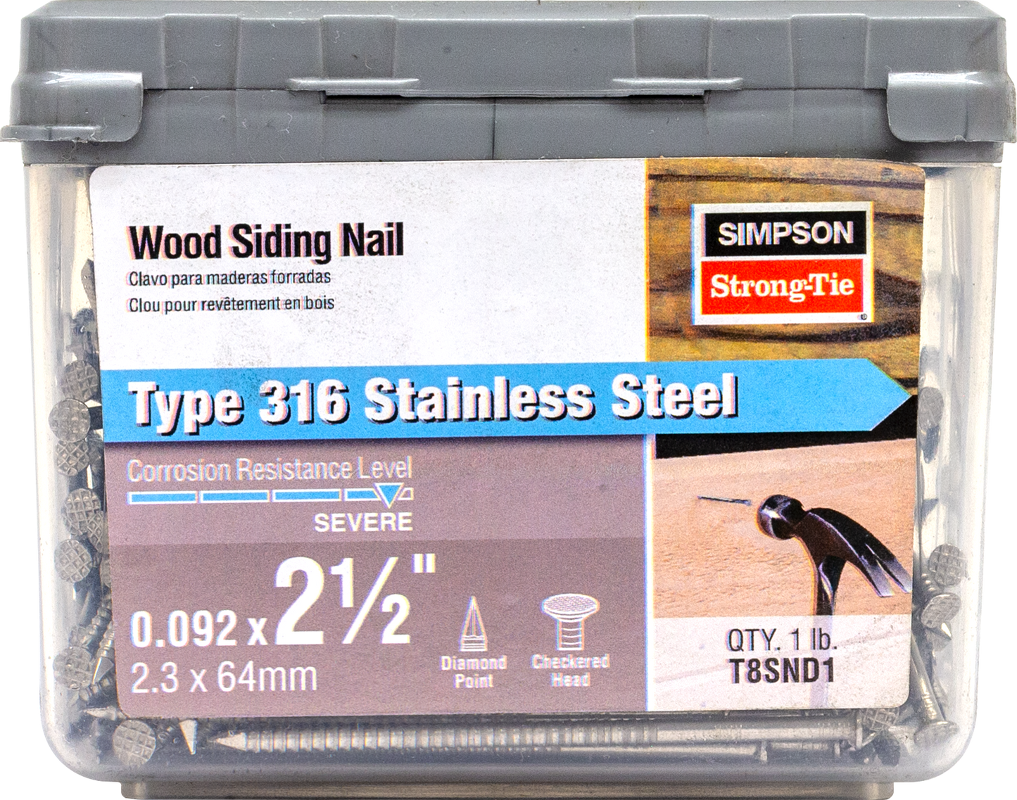 Simpson Strong-Tie T8SND1 Wood Siding Nail — 2-1/2-in. x .092-in. Type 316 Stainless Steel (1 lb.) (Pack of 800)