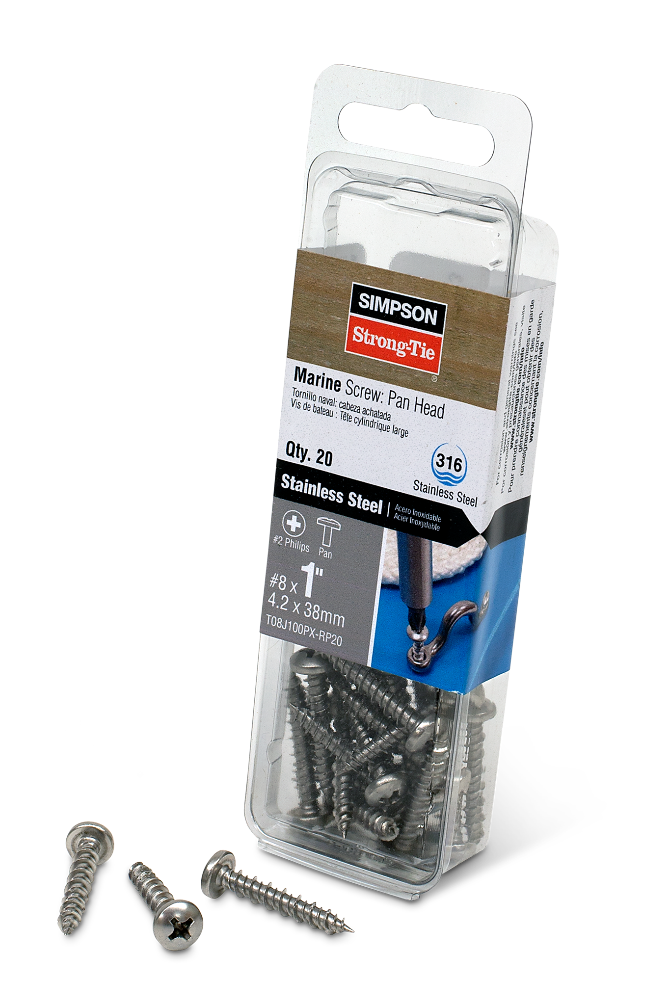 Simpson Strong-Tie T08J100PX-RP20 Marine Screw, Pan Head — #8 x 1 in. #2 Phillips Drive, Type 316 (20-Qty)