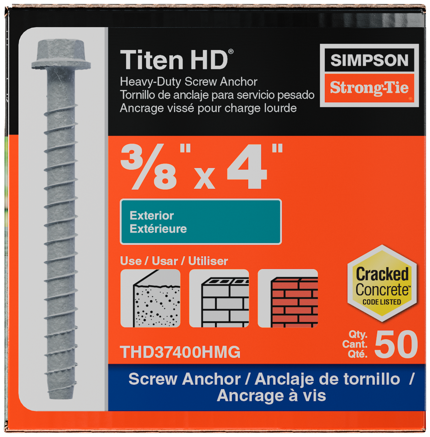 Simpson Strong-Tie THD37400HMG Titen HD® 3/8 in. x 4 in. Mechanically Galvanized Heavy-Duty Screw Anchor (50-Qty) (Pack of 4)