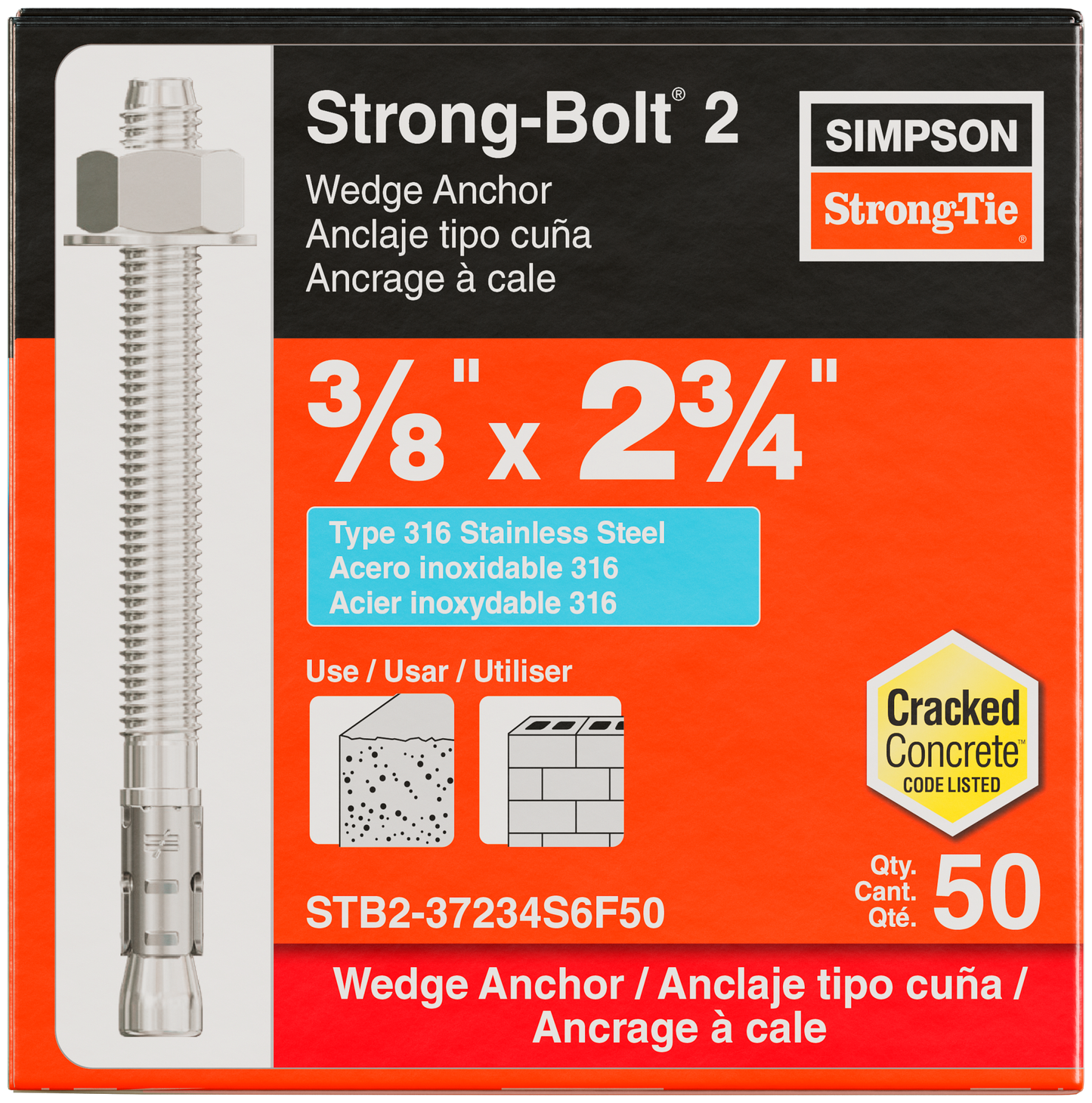 Simpson Strong-Tie STB2-37234S6F50 Strong-Bolt® 2 — 3/8 in. x 2-3/4 in. Type 316 Stainless-Steel Wedge Anchor, Fully Assembled (50-Qty) (Pack of 420)