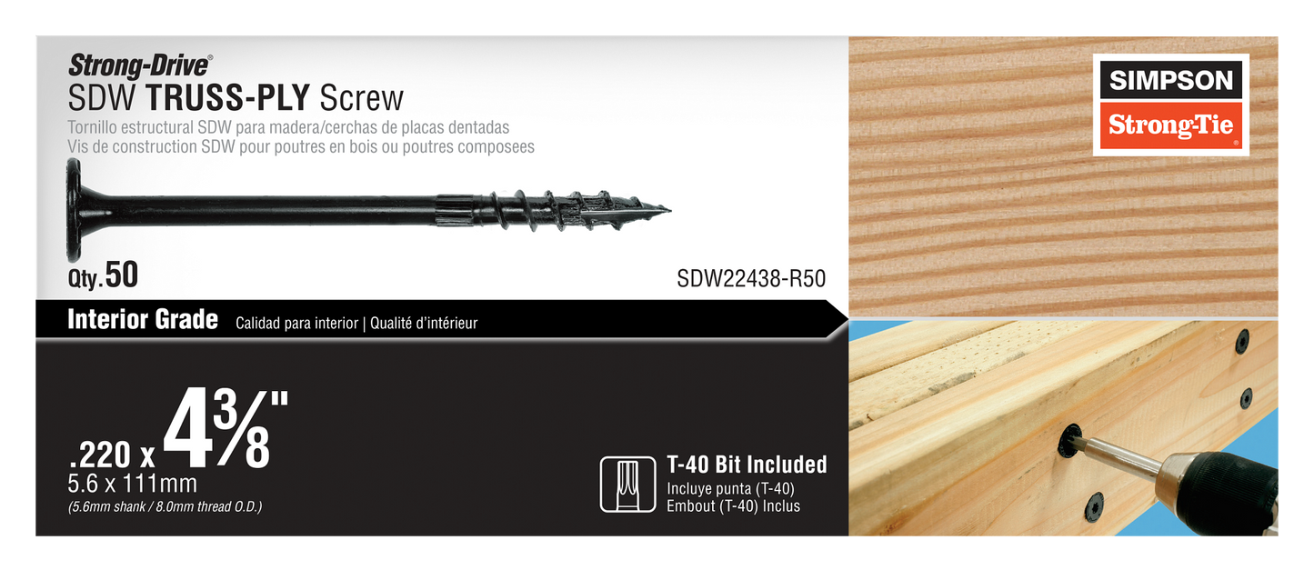 Simpson Strong-Tie SDW22438-R50 Strong-Drive® SDW™ TRUSS-PLY Screw — .220 in. x 4-3/8 in. T40 6-Lobe E-coat® (50-Qty) (Pack of 320)
