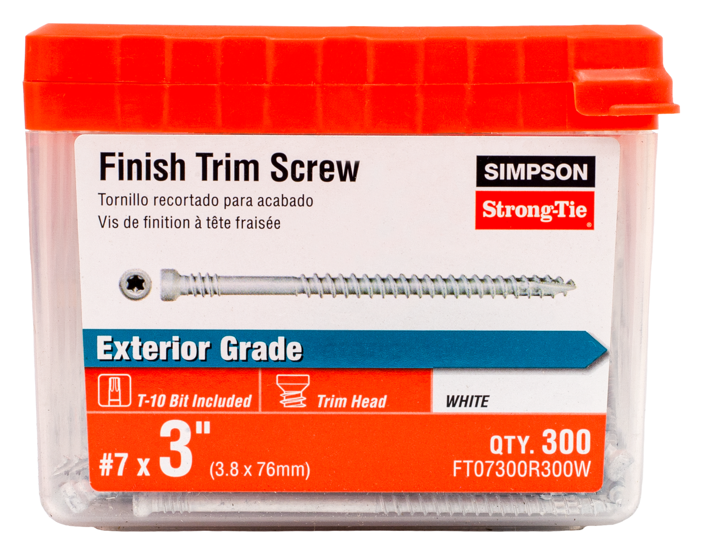 Simpson Strong-Tie FT07300R300W Finish Trim Screw — #7 x 3 in. T10, Trim-Head, Quik Guard®, White (300-Qty) (Pack of 6)