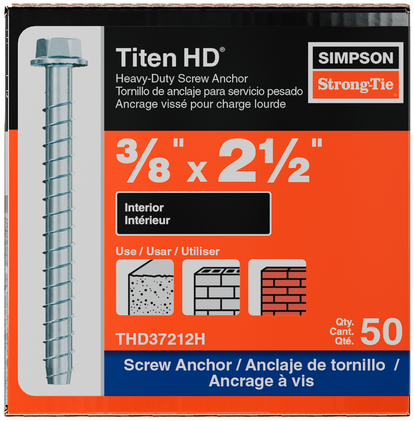 Simpson Strong-Tie THD37212H Titen HD® 3/8 in. x 2-1/2 in. Heavy-Duty Screw Anchor (50-Qty) (Pack of 4)