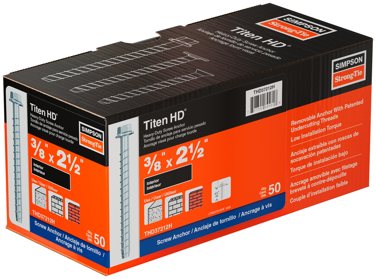 Simpson Strong-Tie THD37212H Titen HD® 3/8 in. x 2-1/2 in. Heavy-Duty Screw Anchor (50-Qty) (Pack of 300)