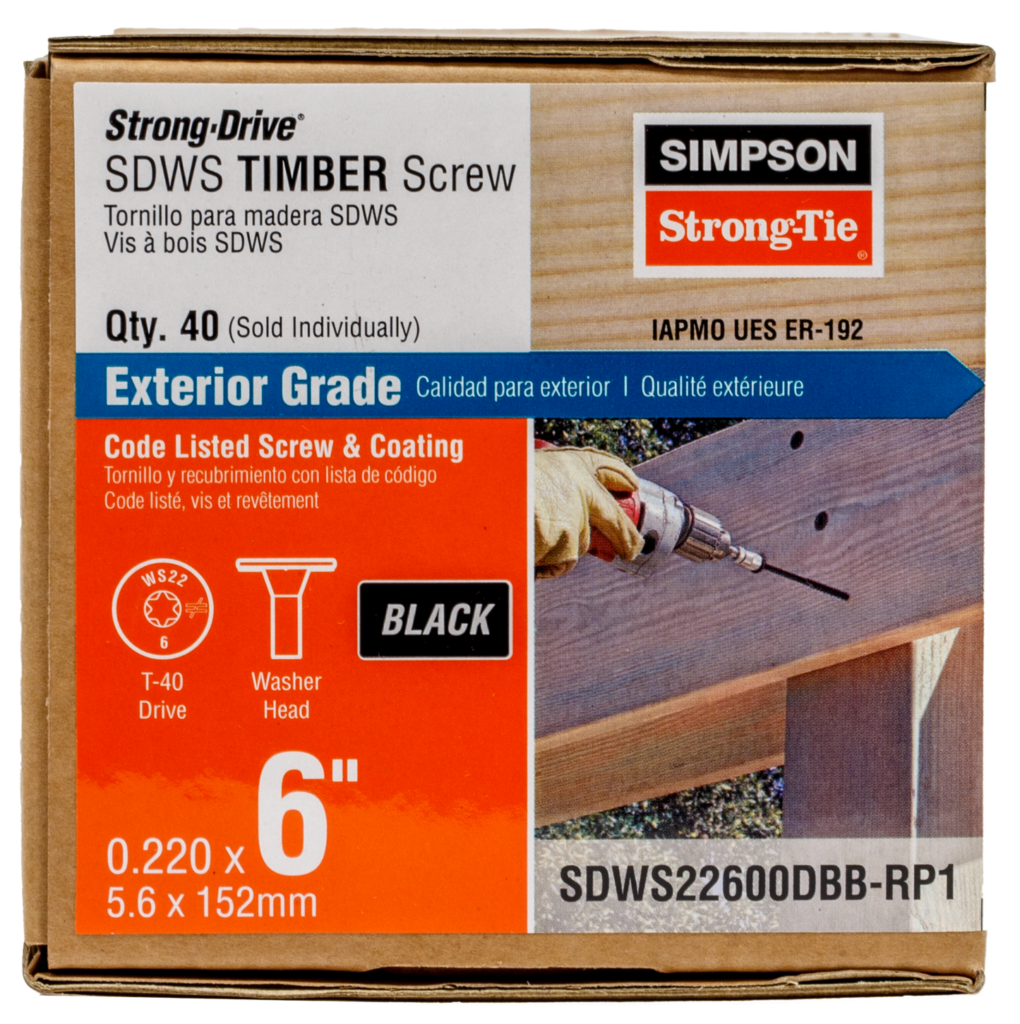 Simpson Strong-Tie SDWS22600DBB-RP1 Strong-Drive® SDWS™ TIMBER Screw (Exterior Grade) — 0.220 in. x 6 in. T40, Black