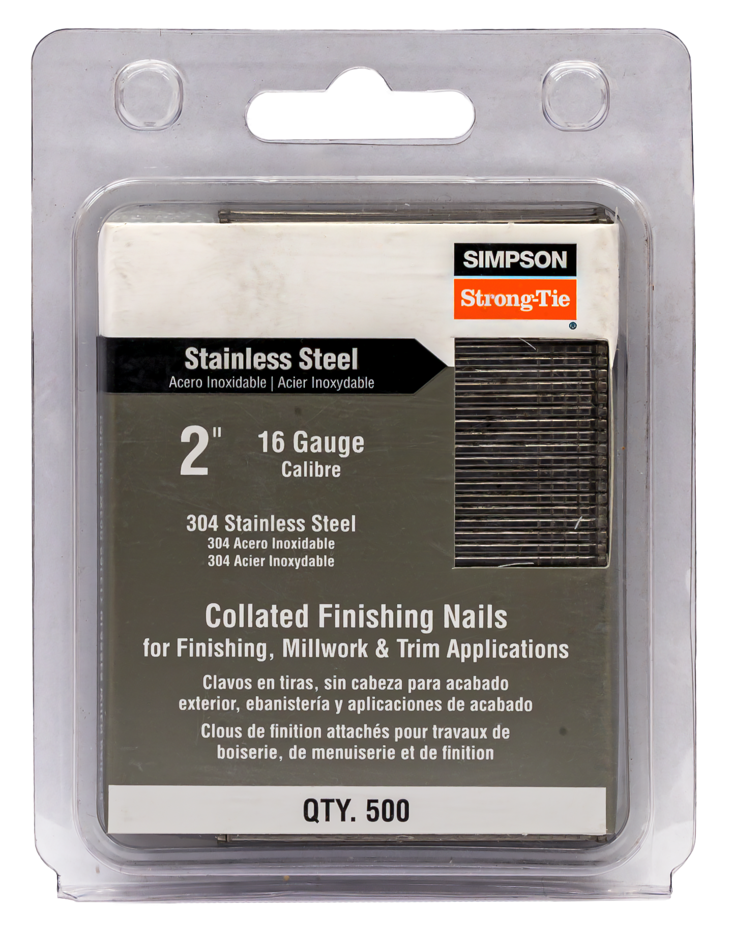 Simpson Strong-Tie S16N200FNB Straight, Adhesive Collation, T-Style Head, 16-Gauge Finishing Nail — 2 in. Type 304 (500-Qty)