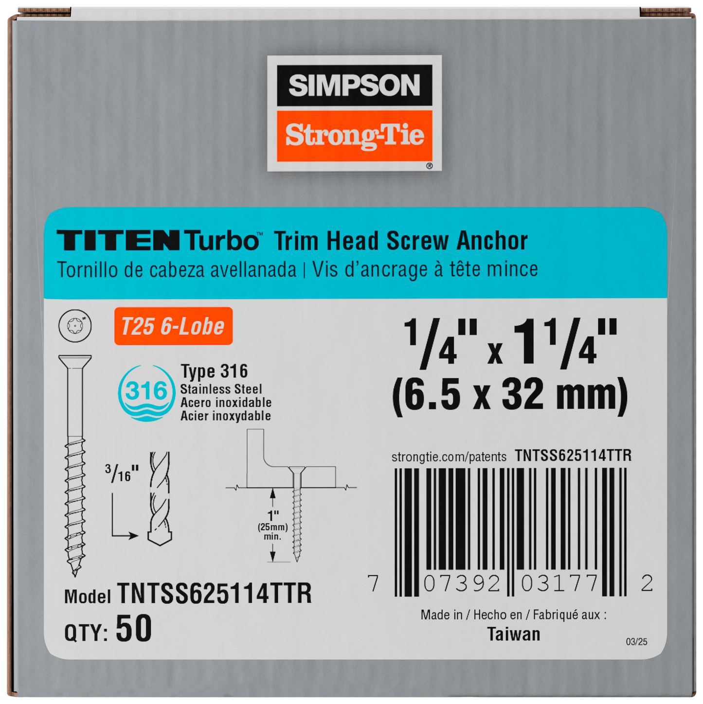 Simpson Strong-Tie TNTSS625114TTR Titen Turbo™ — 1/4 in. x 1-1/4 in. Type 316 Stainless-Steel Trim-Head Concrete and Masonry Screw (50-Qty) (Pack of 16)