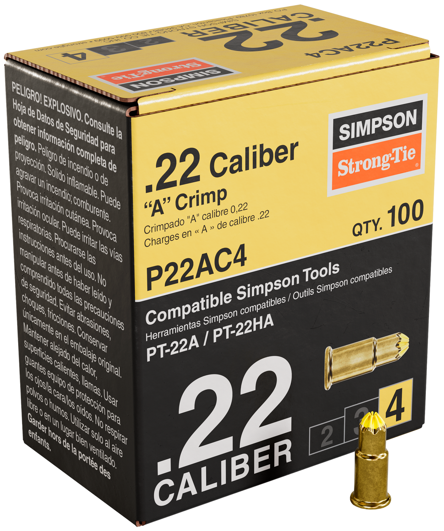 Simpson Strong-Tie P22AC4 P22AC 0.22-Caliber “A” Single-Shot Crimp Loads, LVL 4, Yellow (100-Qty) (Pack of 100)