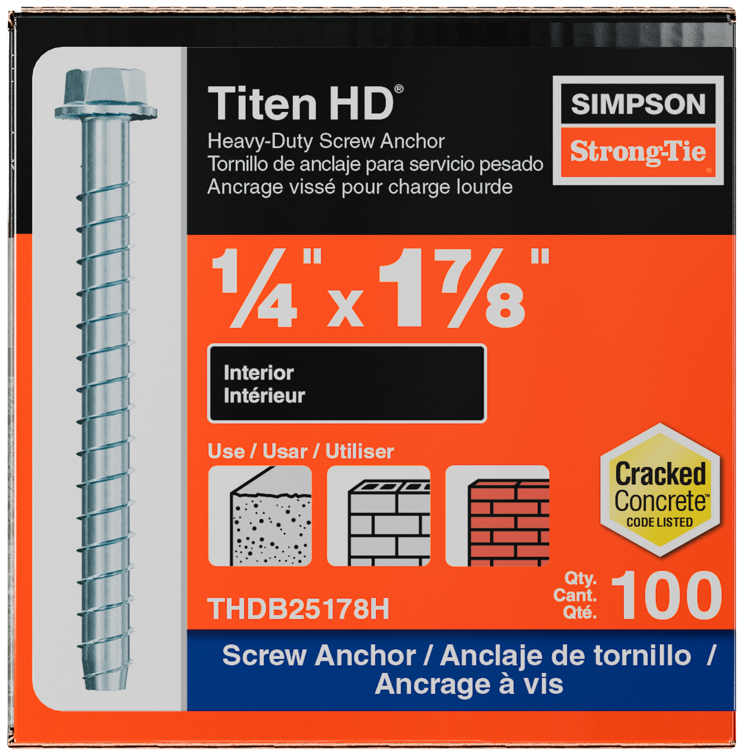 Simpson Strong-Tie THDB25178HMG Titen HD® 1/4 in. x 1-7/8 in. Mechanically Galvanized Heavy-Duty Screw Anchor (100-Qty) (Pack of 490)
