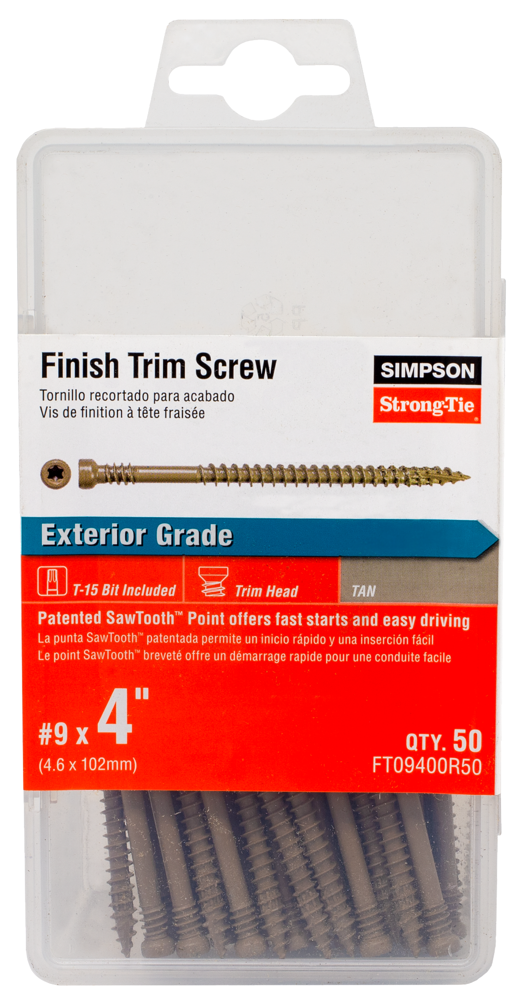 Simpson Strong-Tie FT09400R50 Finish Trim Screw — #9 x 4 in. T15, Trim-Head, Quik Guard®, Tan (50-Qty) (Pack of 5)