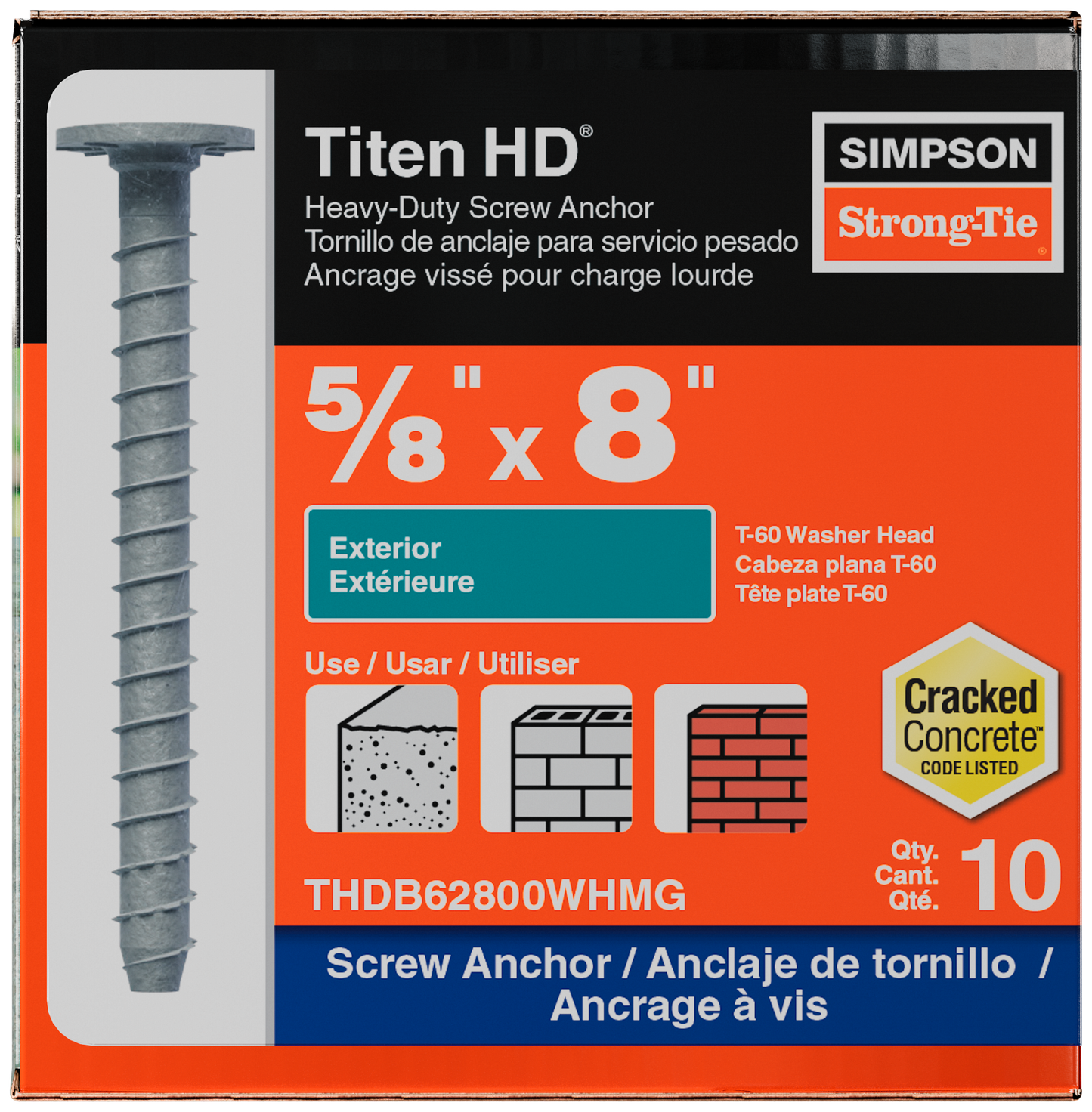 Simpson Strong-Tie THDB62800WHMG Titen HD® 5/8 in. x 8 in. Mech. Galv. Washer-Head Heavy-Duty Screw Anchor (10-Qty) (Pack of 252)