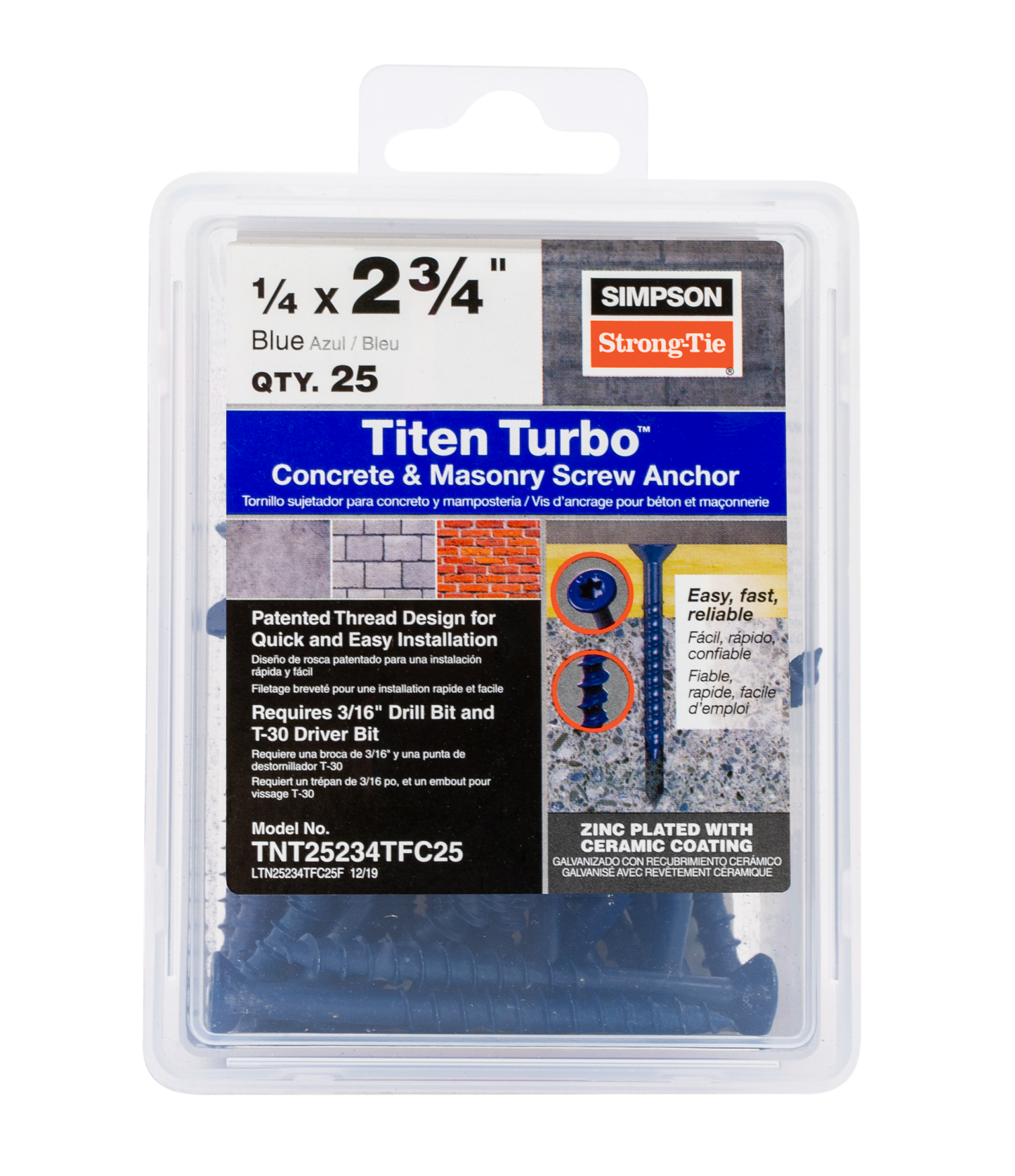 Simpson Strong-Tie TNT25234TFC25 Titen Turbo™ — 1/4 in. x 2-3/4 in. 6-Lobe Flat-Head Concrete and Masonry Screw, Blue (25-Qty)