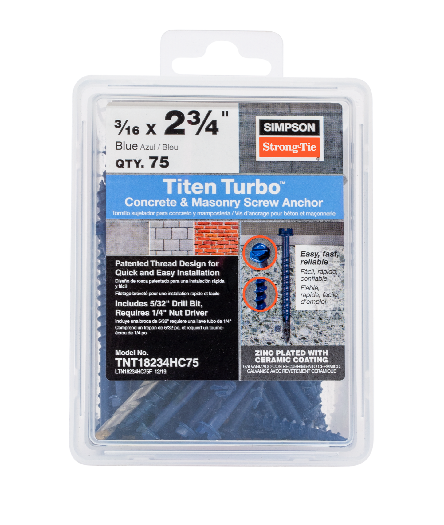 Simpson Strong-Tie TNT18234HC75 Titen Turbo™ — 3/16 in. x 2-3/4 in. Hex-Head Concrete and Masonry Screw, Blue (75-Qty) (Pack of 1152)