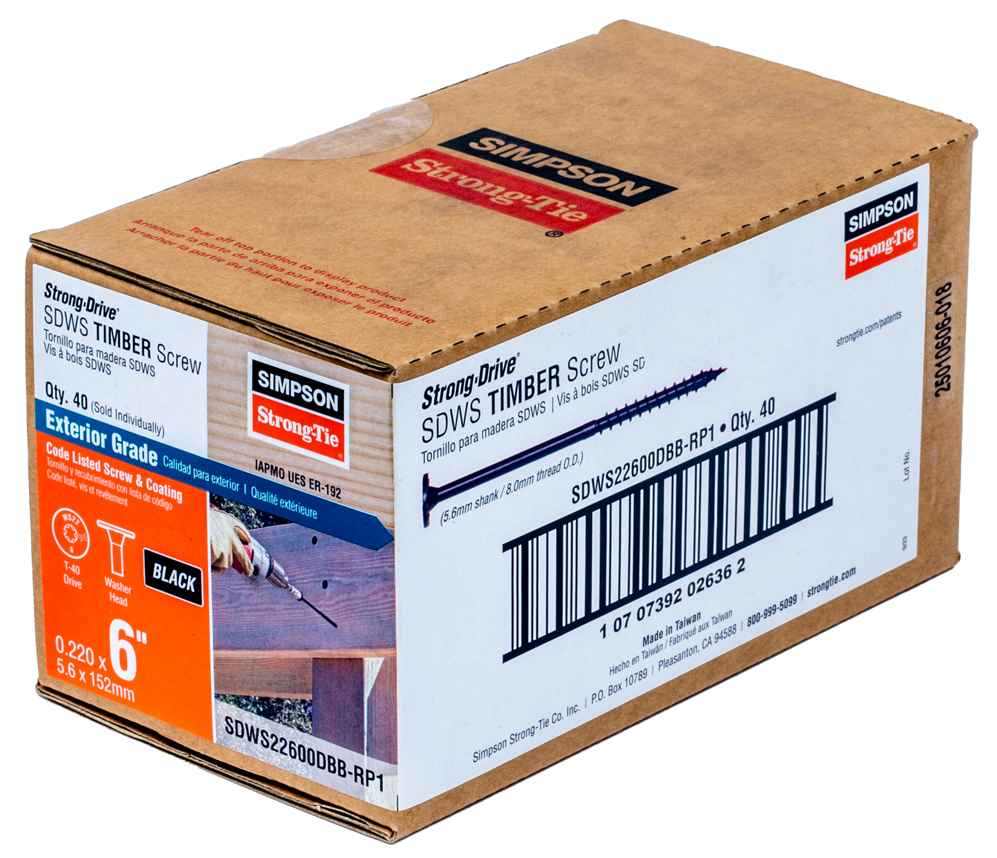 Simpson Strong-Tie SDWS22600DBB-RP1 Strong-Drive® SDWS™ TIMBER Screw (Exterior Grade) — 0.220 in. x 6 in. T40, Black (Pack of 40)