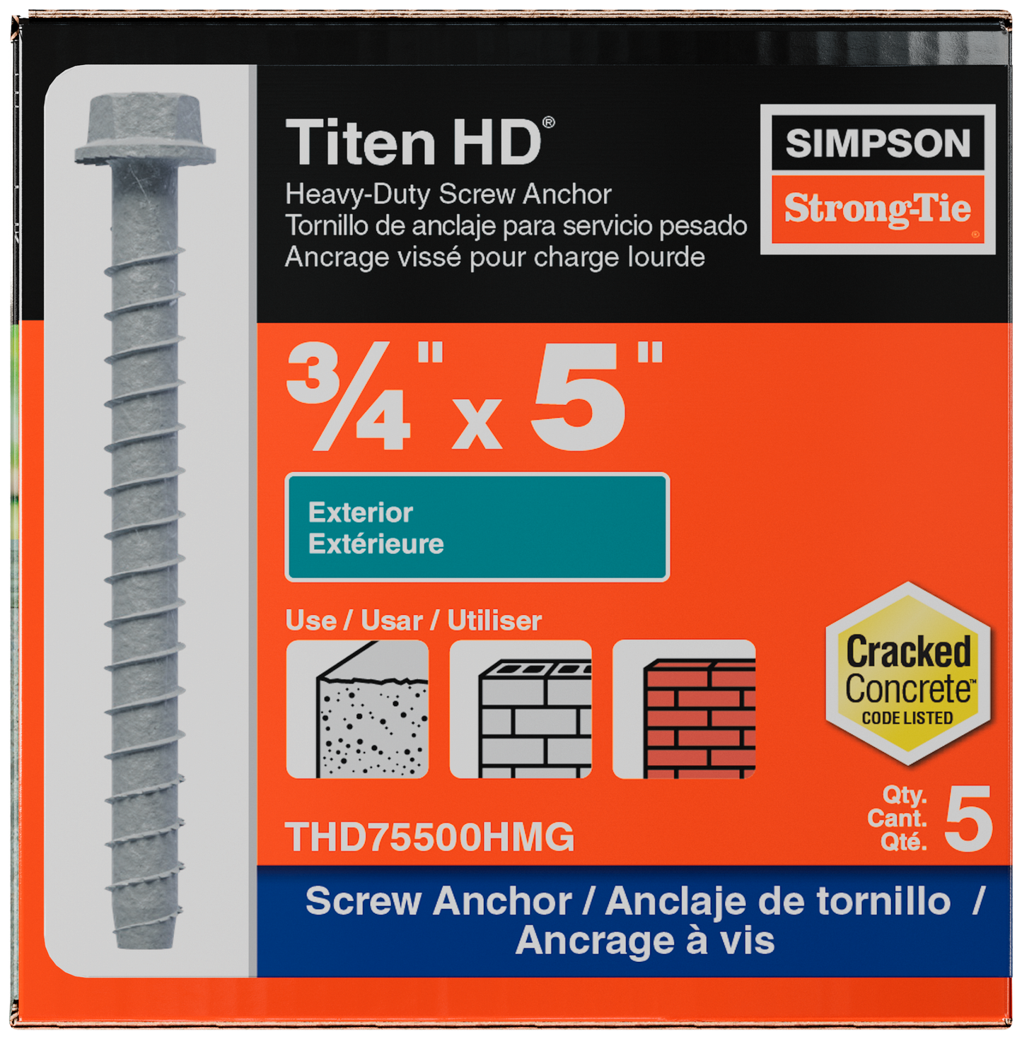 Simpson Strong-Tie THD75500HMG Titen HD® 3/4 in. x 5 in. Mechanically Galvanized Heavy-Duty Screw Anchor (5-Qty)