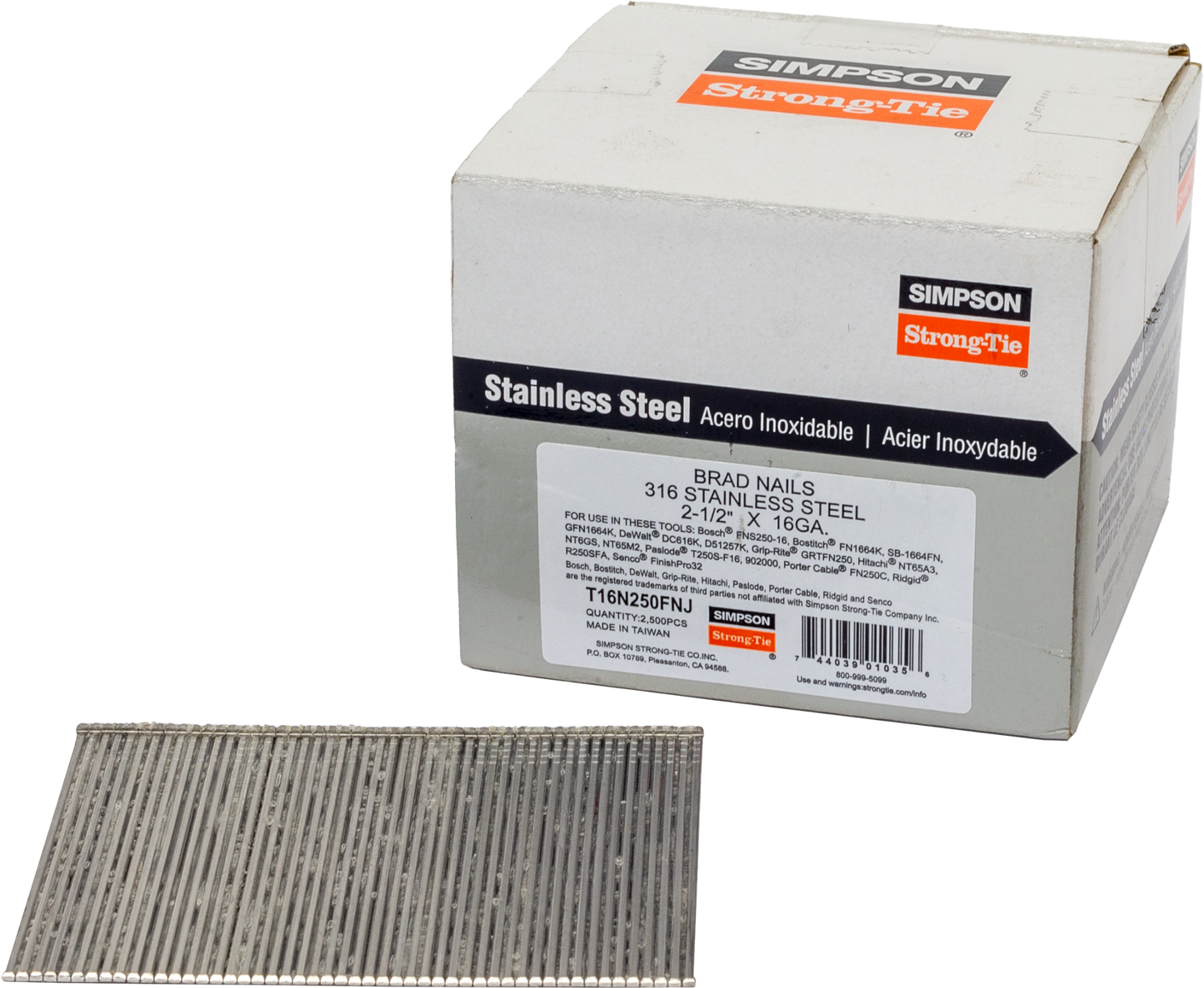 Simpson Strong-Tie T16N250FNJ Straight, Adhesive Collation, T-Style Head, 16-Gauge Finishing Nail — 2-1/2 in. Type 316 (2500-Qty) (Pack of 12)