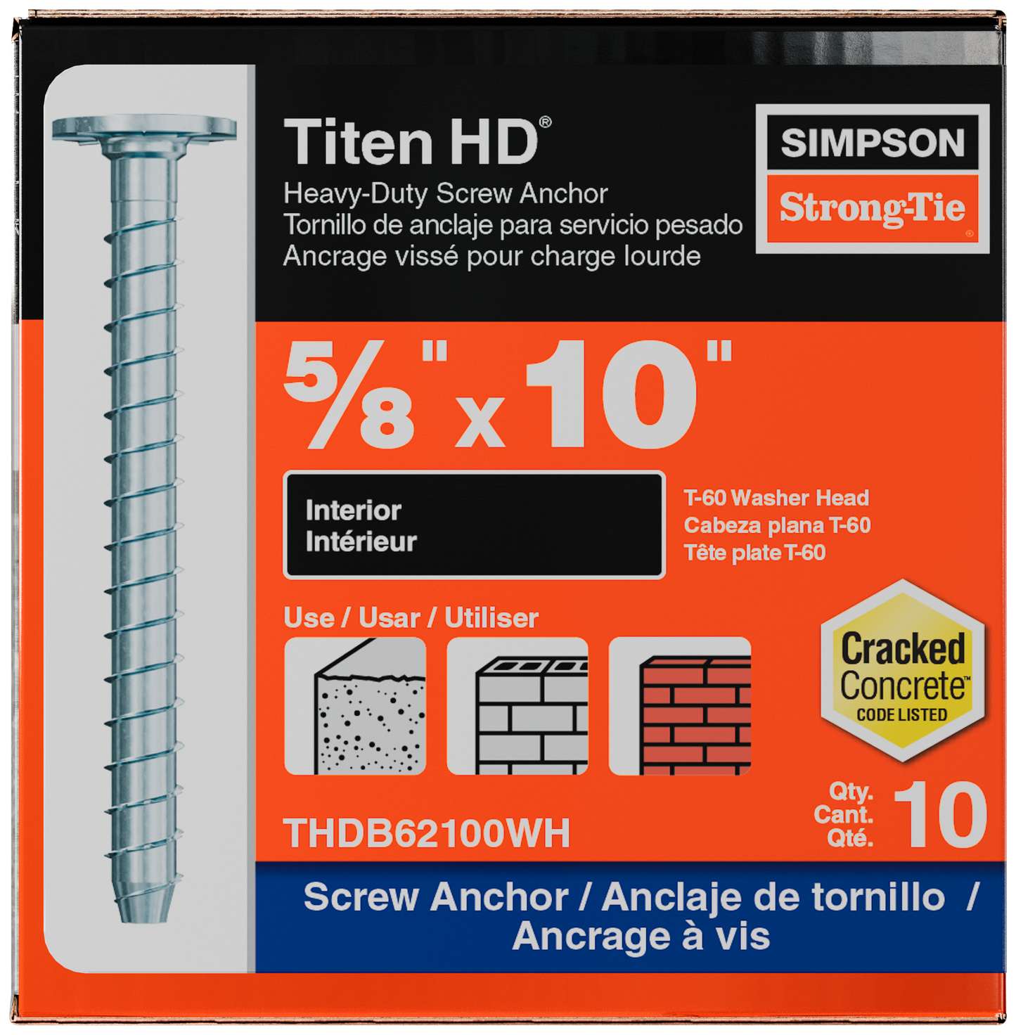 Simpson Strong-Tie THDB62100WH Titen HD® 5/8 in. x 10 in. Washer-Head Heavy-Duty Screw Anchor (10-Qty)