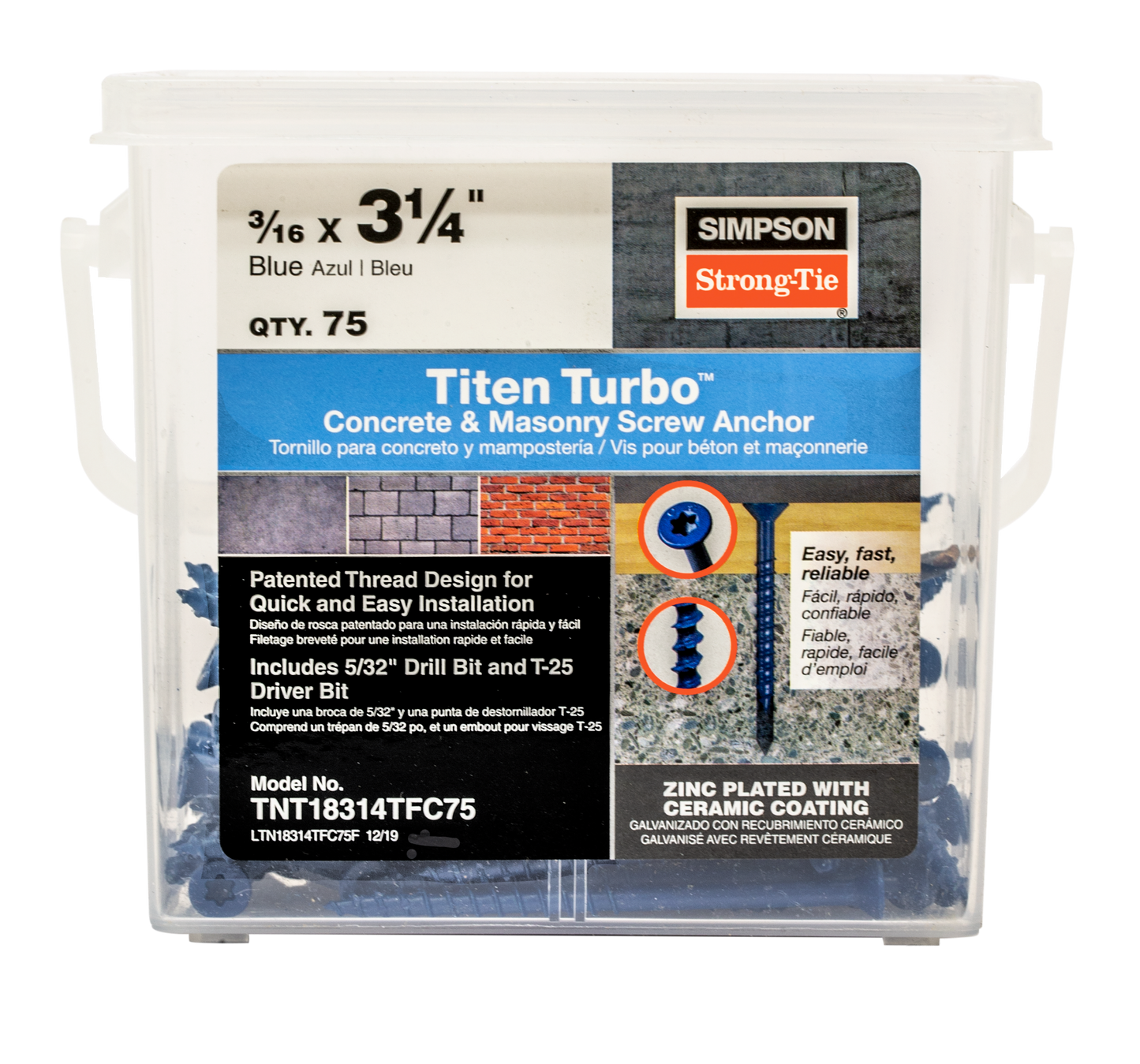 Simpson Strong-Tie TNT18314TFC75 Titen Turbo™ — 3/16 in. x 3-1/4 in. 6-Lobe Flat-Head Concrete and Masonry Screw, Blue (75-Qty)